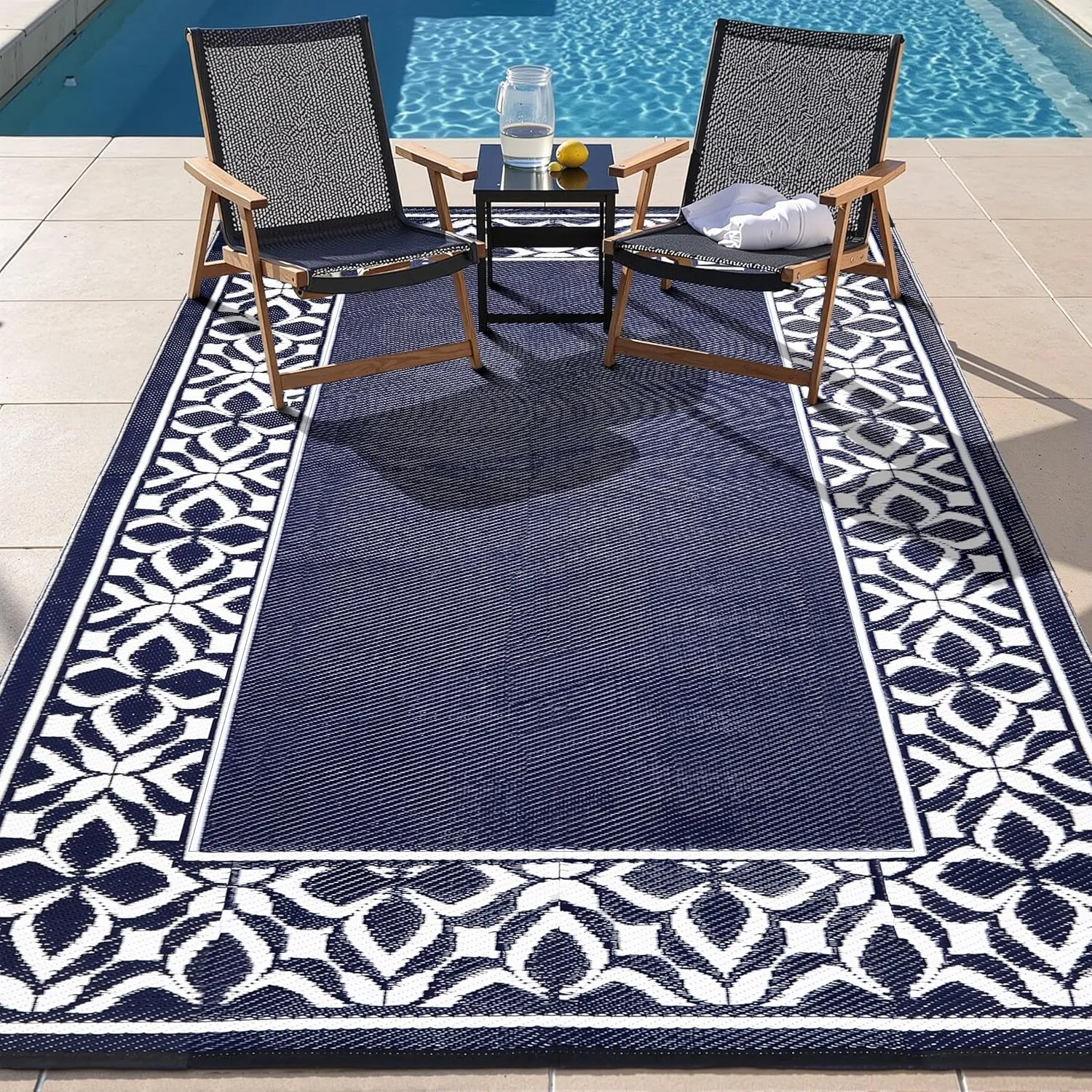 Outdoor Plastic Straw Rug Navy Blue Large Outside Waterproof Outdoor Patio 6x9 Carpet Geometric Reversible Mat Modern for Camping RV Porch Deck Balcony Beach