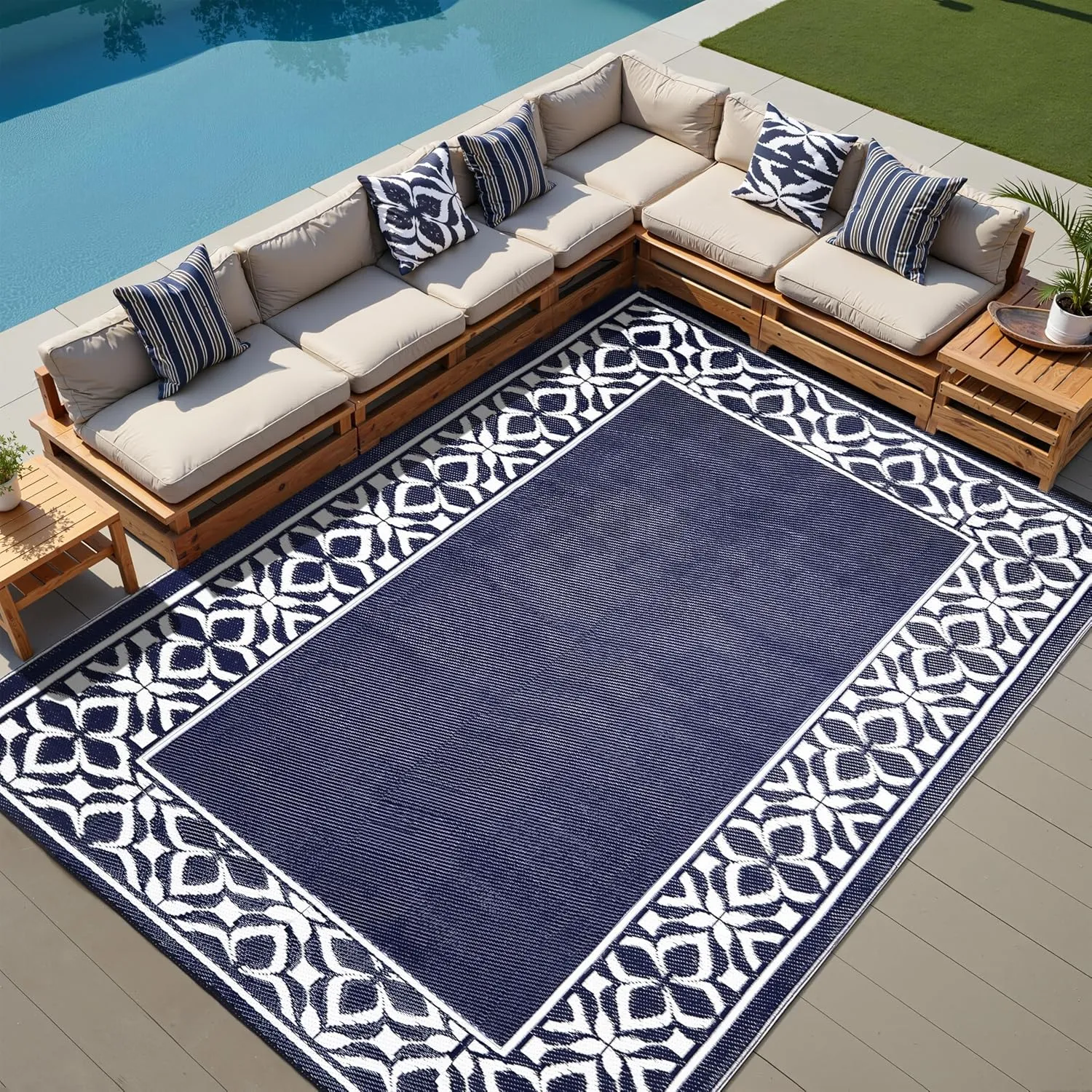 Outdoor Plastic Straw Rug Navy Blue Large Outside Waterproof Outdoor Patio 6x9 Carpet Geometric Reversible Mat Modern for Camping RV Porch Deck Balcony Beach
