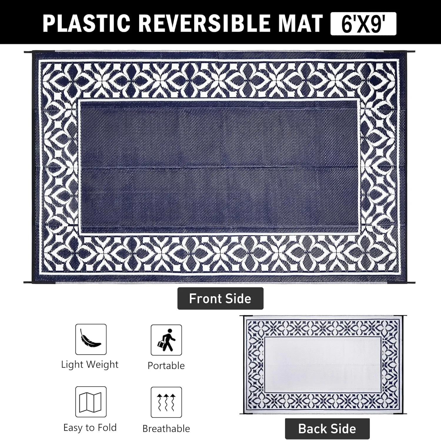 Outdoor Plastic Straw Rug Navy Blue Large Outside Waterproof Outdoor Patio 6x9 Carpet Geometric Reversible Mat Modern for Camping RV Porch Deck Balcony Beach