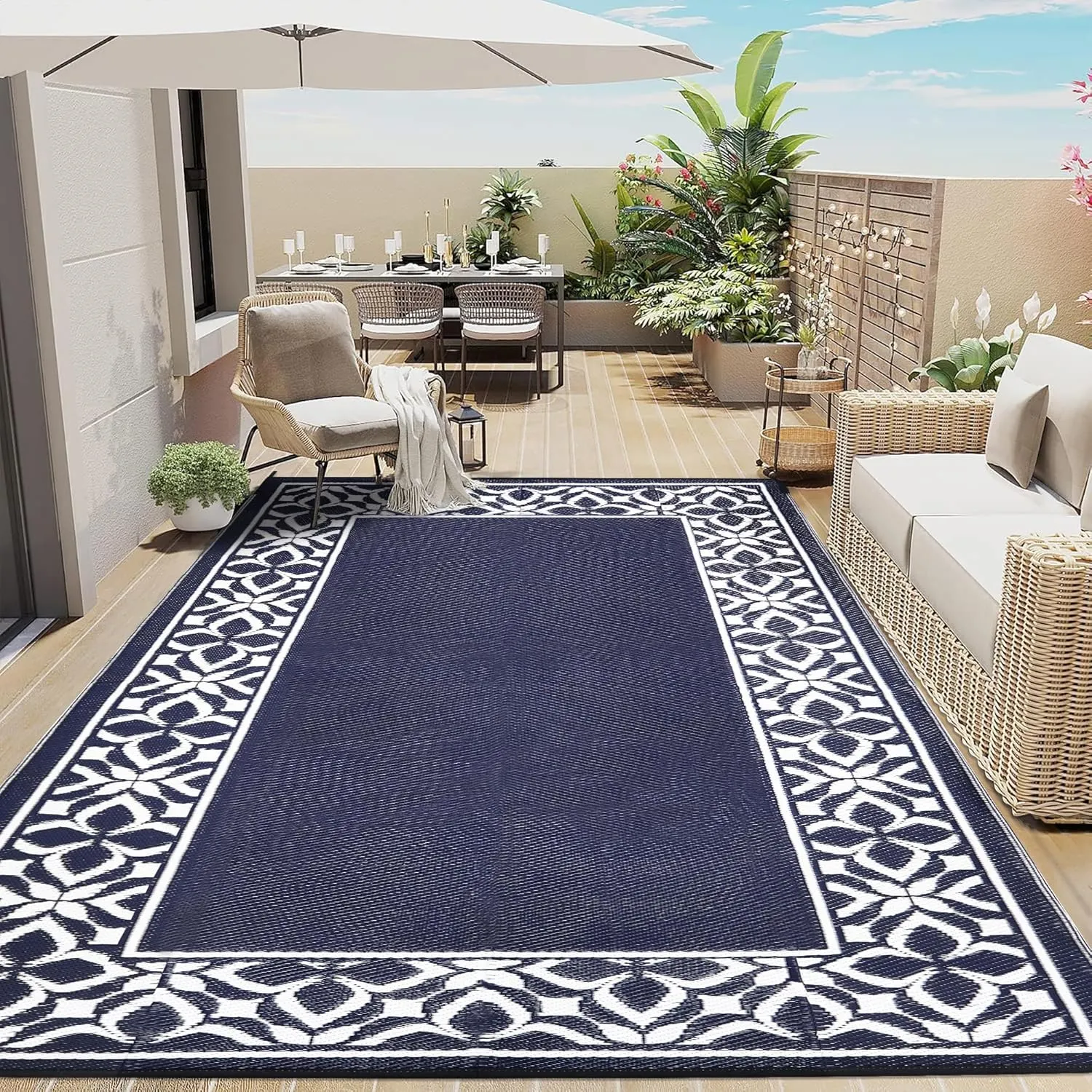 Outdoor Plastic Straw Rug Navy Blue Large Outside Waterproof Outdoor Patio 6x9 Carpet Geometric Reversible Mat Modern for Camping RV Porch Deck Balcony Beach