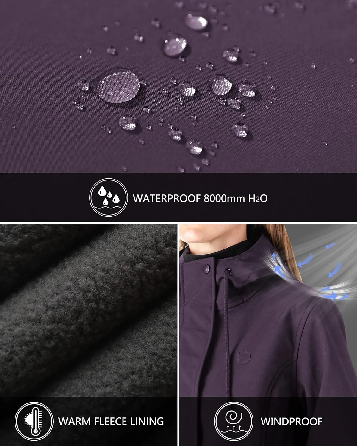 Outdoor Ventures Women's Lightweight Waterproof Fleece Lined Hooded Softshell Rain Jacket, Warm Windbreaker Long Coat