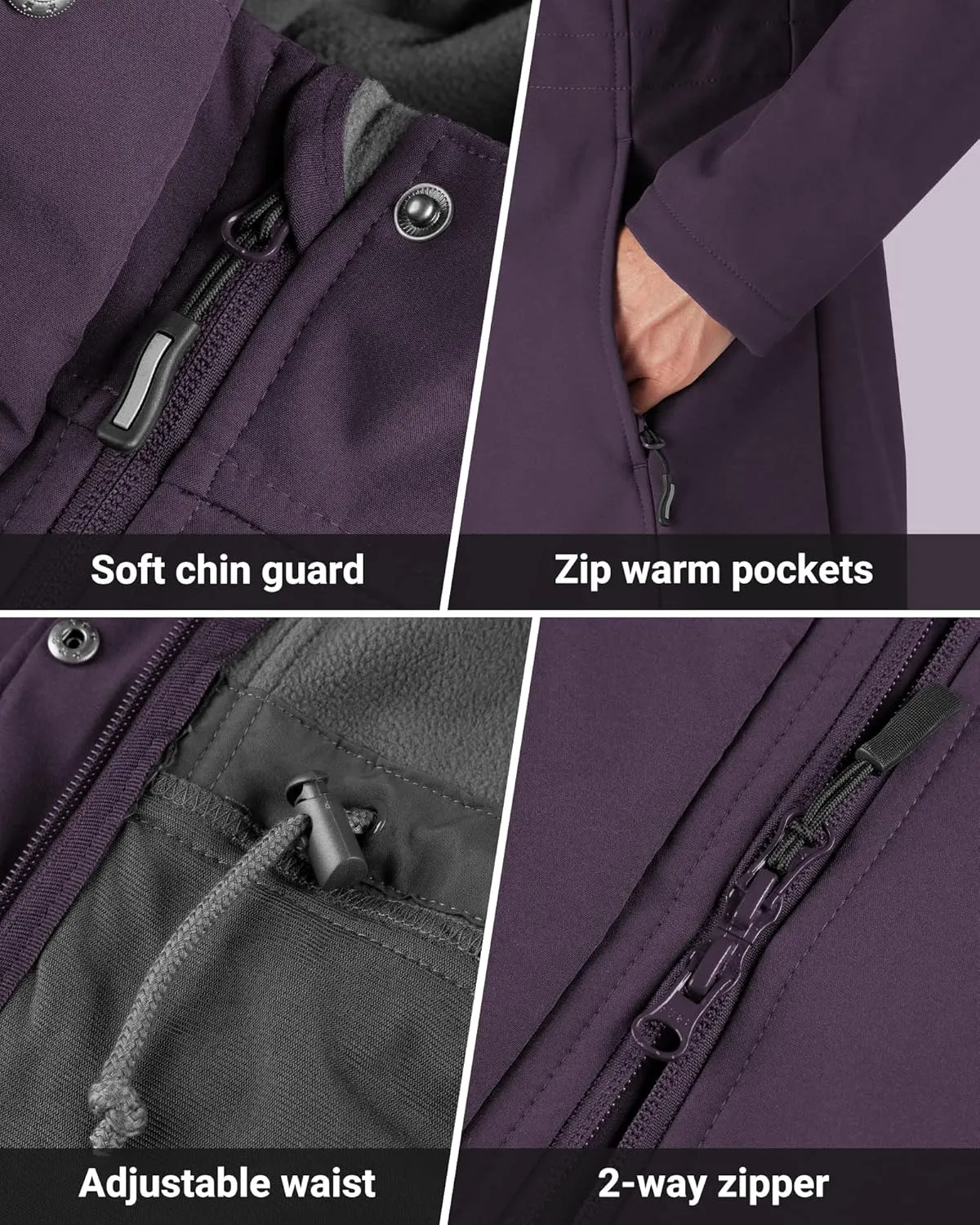 Outdoor Ventures Women's Lightweight Waterproof Fleece Lined Hooded Softshell Rain Jacket, Warm Windbreaker Long Coat