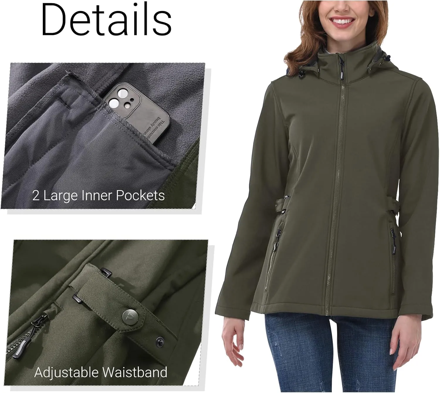 Outdoor Ventures Women's Softshell Jacket with Removable Hood, Insulated Windbreaker Waterproof Warm Fleece Lined Coat