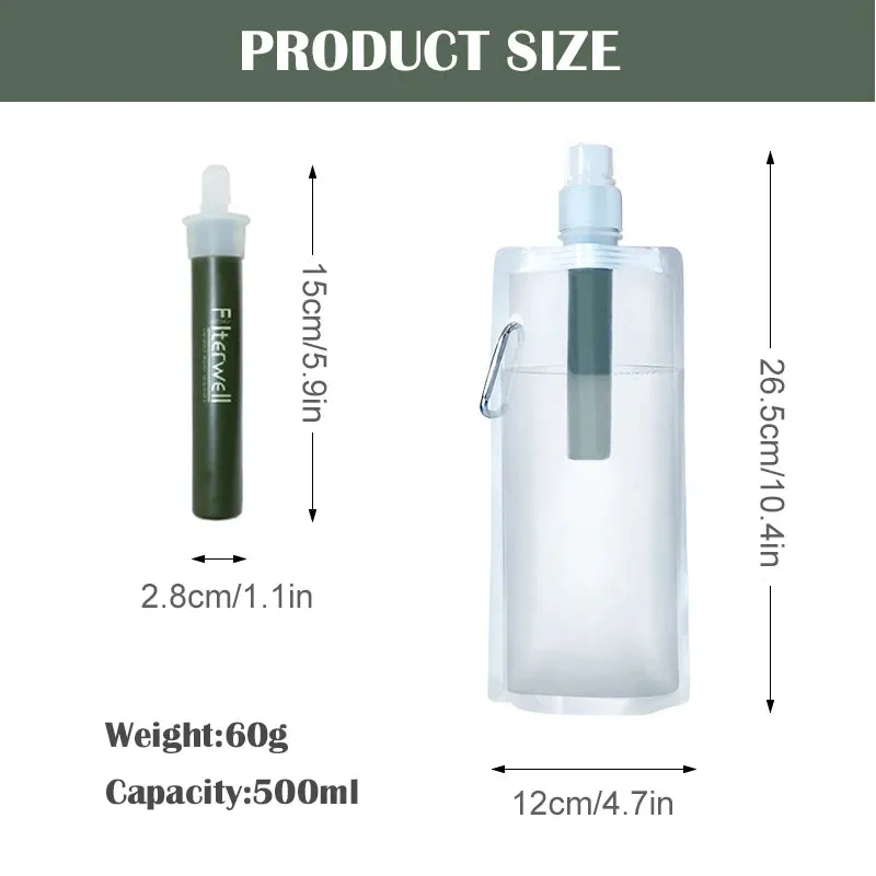 Outdoor Water Filter Straw Bottle - Survival and Emergency Camping Purification Water Purifier Bag for Camping and Hiking
