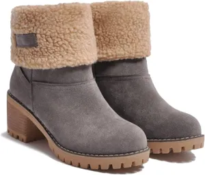 Outfany Seniors' Chunky heel Winter Boots, Outfany Boots, Winter Boots for Women, Comfortable Slip on Mid Chunky Heel Suede Warm Snow Ankle Boots Outdoor Shoes