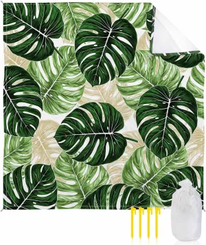 Palm Leaf Beach Blanket Large with Stakes Waterproof Sandproof, Tropical Plant Country Green Summer Foldable Beach Mat with Corner Pockets for Outdoor Travel Camping Hiking Picnic Essentials 83"x79"