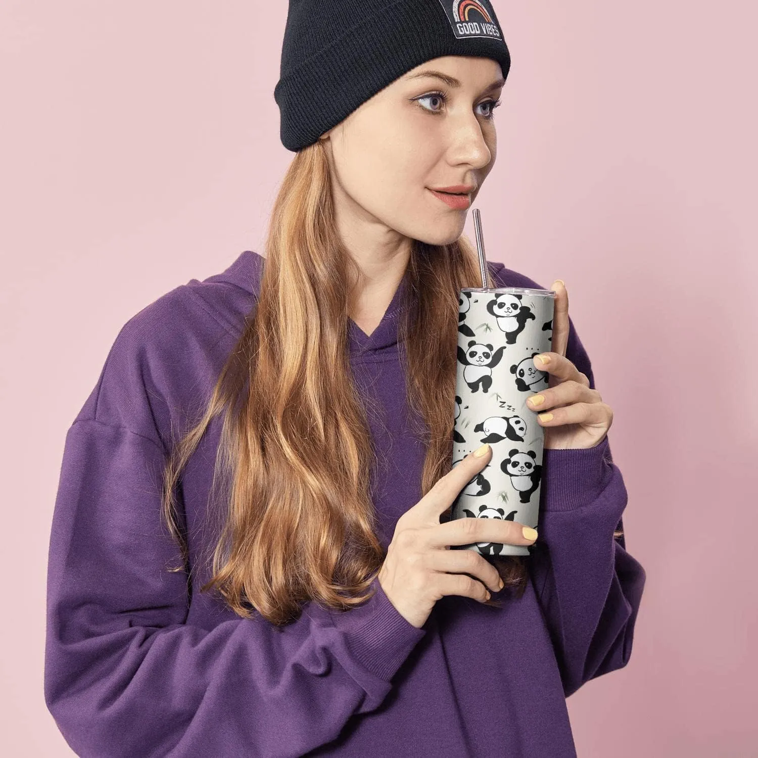 Panda Gifts for Girls,Birthday Gift for Panda Lovers,20oz Tumbler With Lid and Straw Stainless Steel Insulated Coffee Cup Travel Mug