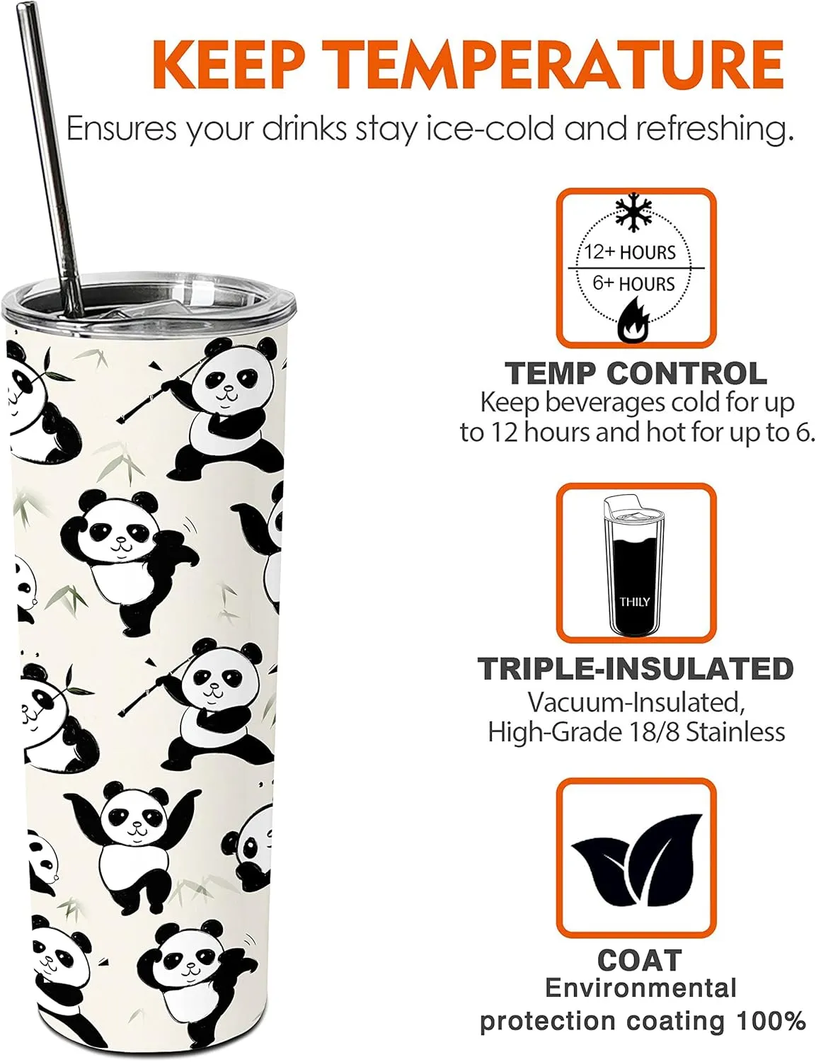 Panda Gifts for Girls,Birthday Gift for Panda Lovers,20oz Tumbler With Lid and Straw Stainless Steel Insulated Coffee Cup Travel Mug