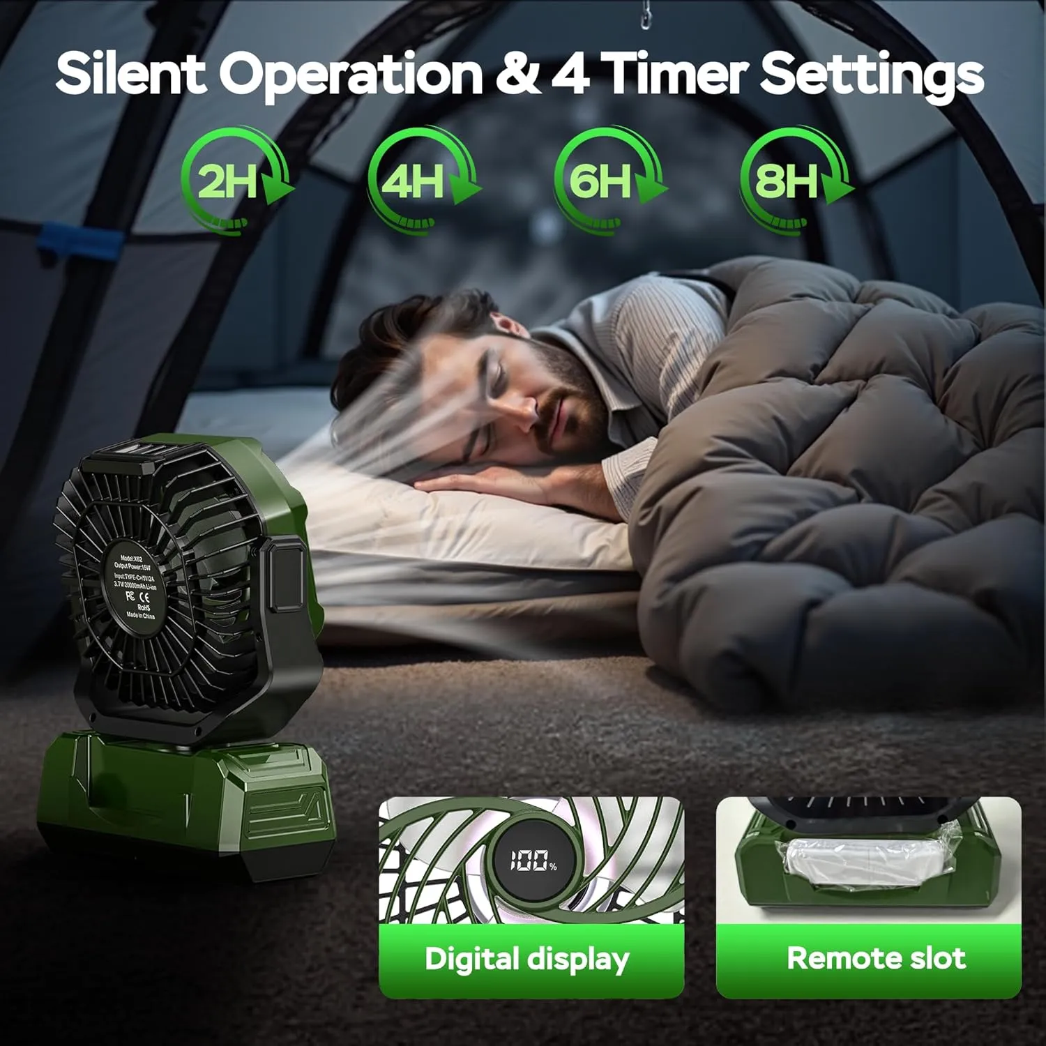 PANERGY Camping Fan Rechargeable,20000mAh Cordless Battery Powered Oscillating Fan with w/RGB Light & Remote,4 Timer & Hanging Hook for Indoor,Outdoor,Travel,Camping,BBQ,Jobsite,Picnic-Green