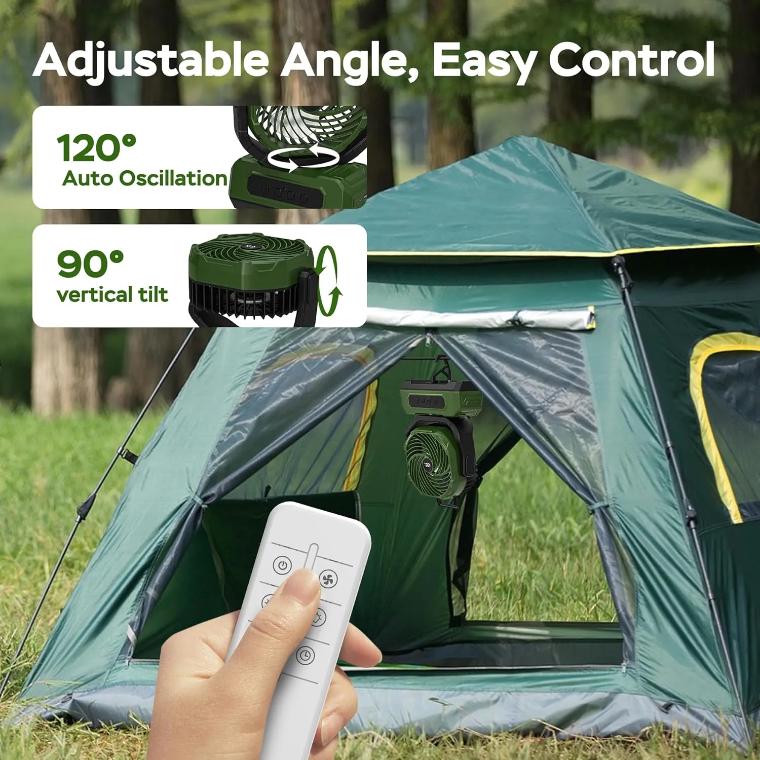 PANERGY Camping Fan Rechargeable,20000mAh Cordless Battery Powered Oscillating Fan with w/RGB Light & Remote,4 Timer & Hanging Hook for Indoor,Outdoor,Travel,Camping,BBQ,Jobsite,Picnic-Green
