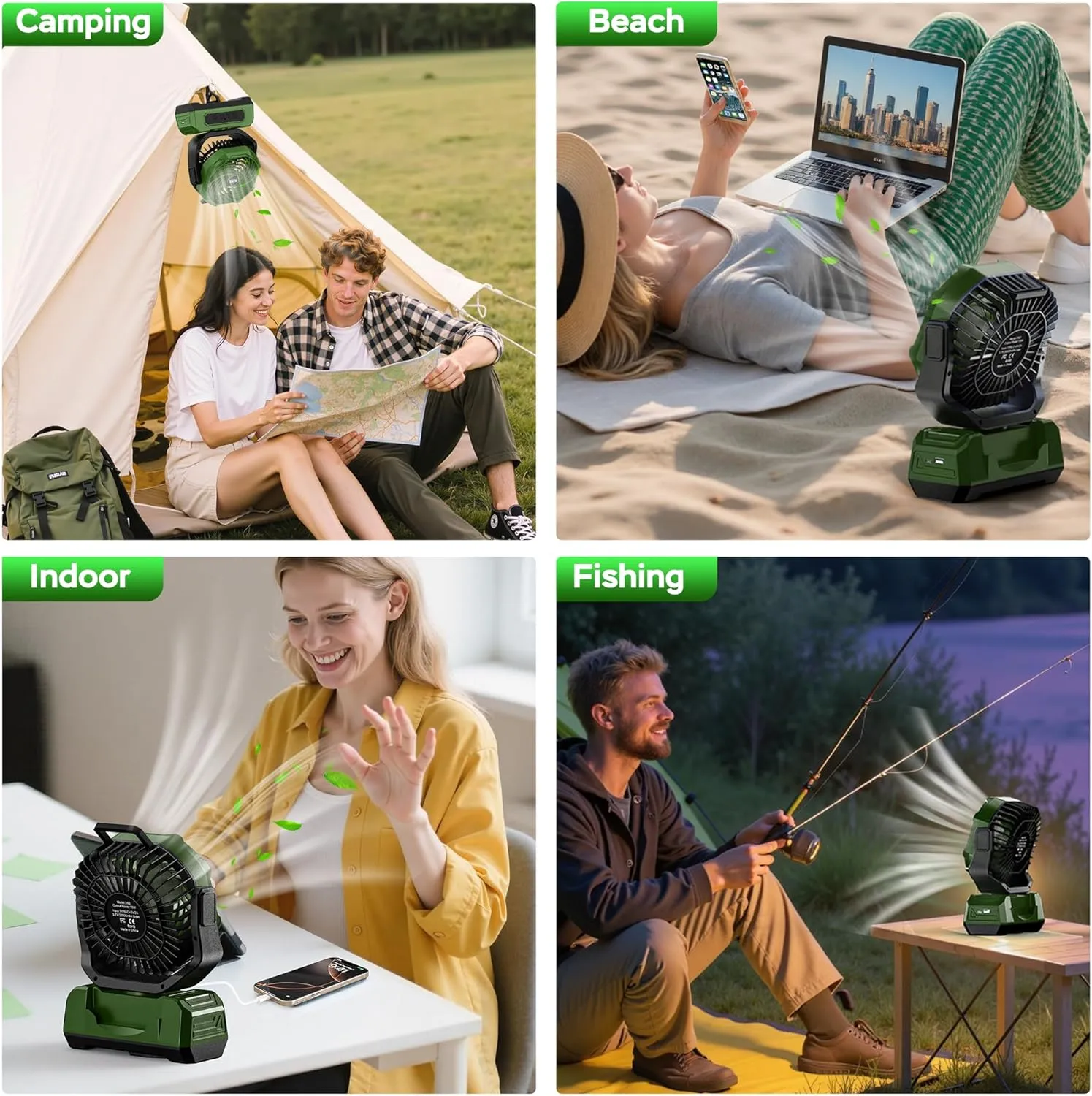 PANERGY Camping Fan Rechargeable,20000mAh Cordless Battery Powered Oscillating Fan with w/RGB Light & Remote,4 Timer & Hanging Hook for Indoor,Outdoor,Travel,Camping,BBQ,Jobsite,Picnic-Green