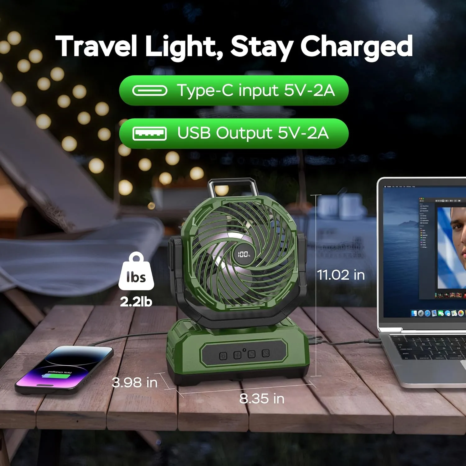 PANERGY Camping Fan Rechargeable,20000mAh Cordless Battery Powered Oscillating Fan with w/RGB Light & Remote,4 Timer & Hanging Hook for Indoor,Outdoor,Travel,Camping,BBQ,Jobsite,Picnic-Green