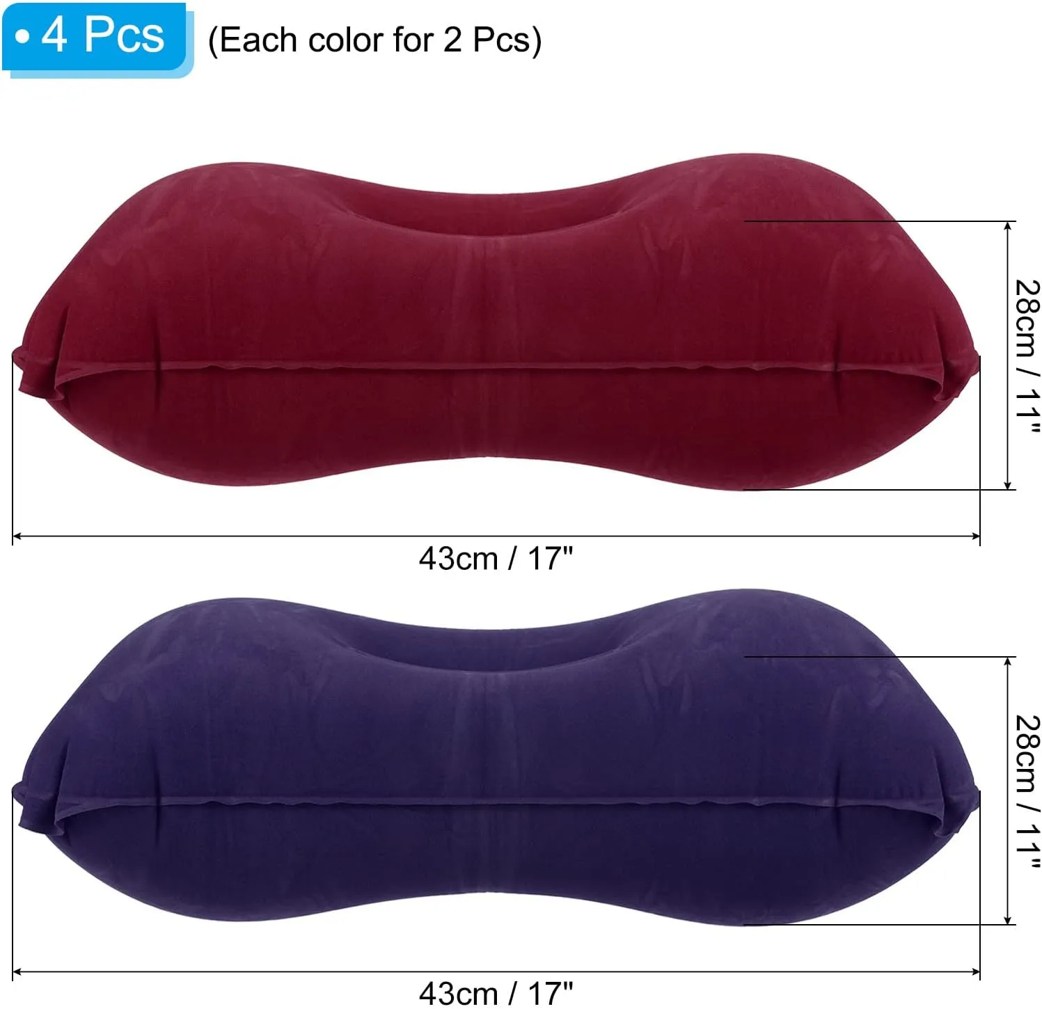 PATIKIL Inflatable Pillow, 4 Pack Squared Ultralight Camping Travel Pillow Desk Rest Neck Support for Hiking Backpacking Office, Dark Purple, Wine Red