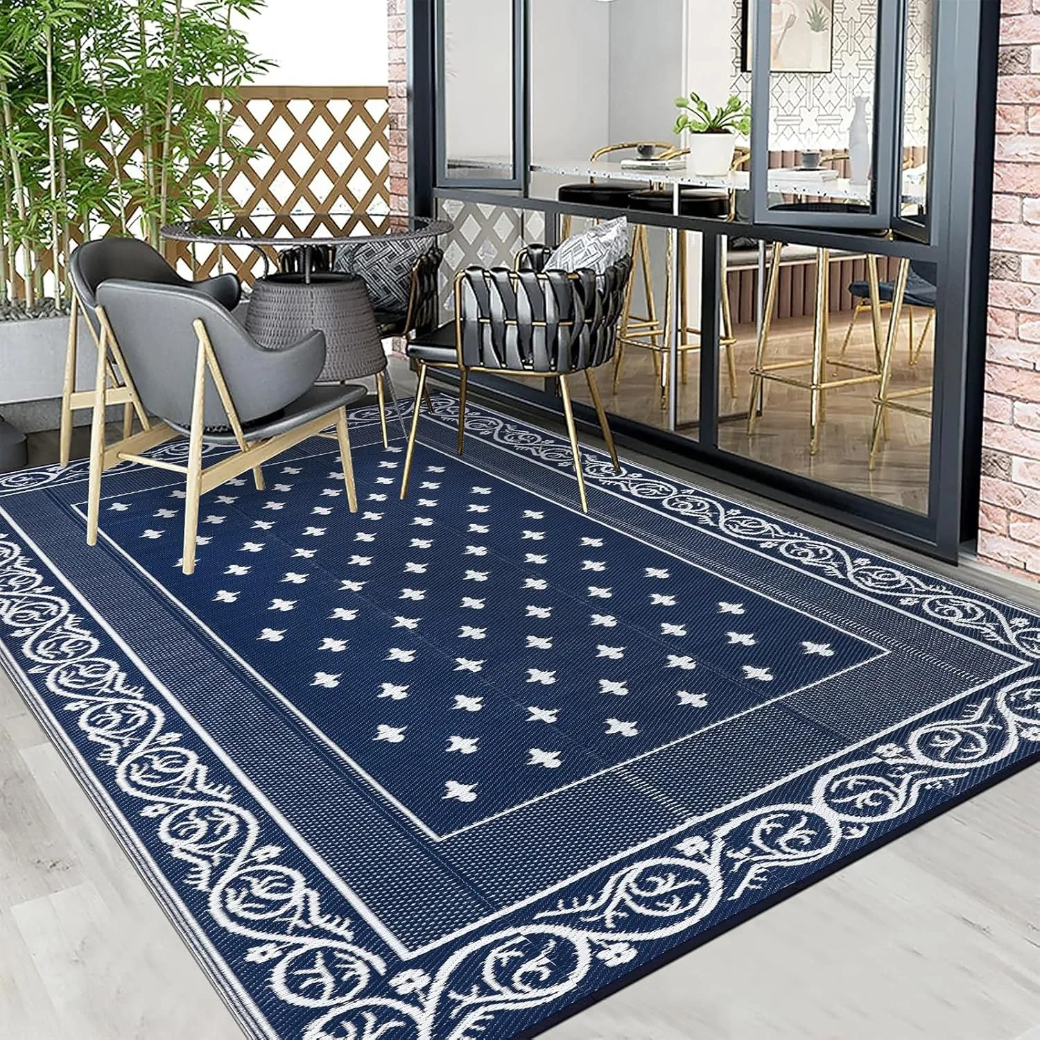 Pauwer Waterproof Outdoor Rug 6x9, Reversible Plastic Straw Patio Camping Rug, Indoor Outdoor RV Mat Carpet for Deck, Camper, Porch, Balcony, Backyard, Picnic, Bordered Navy