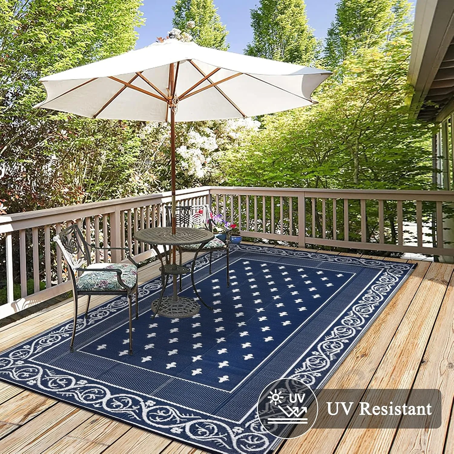 Pauwer Waterproof Outdoor Rug 6x9, Reversible Plastic Straw Patio Camping Rug, Indoor Outdoor RV Mat Carpet for Deck, Camper, Porch, Balcony, Backyard, Picnic, Bordered Navy