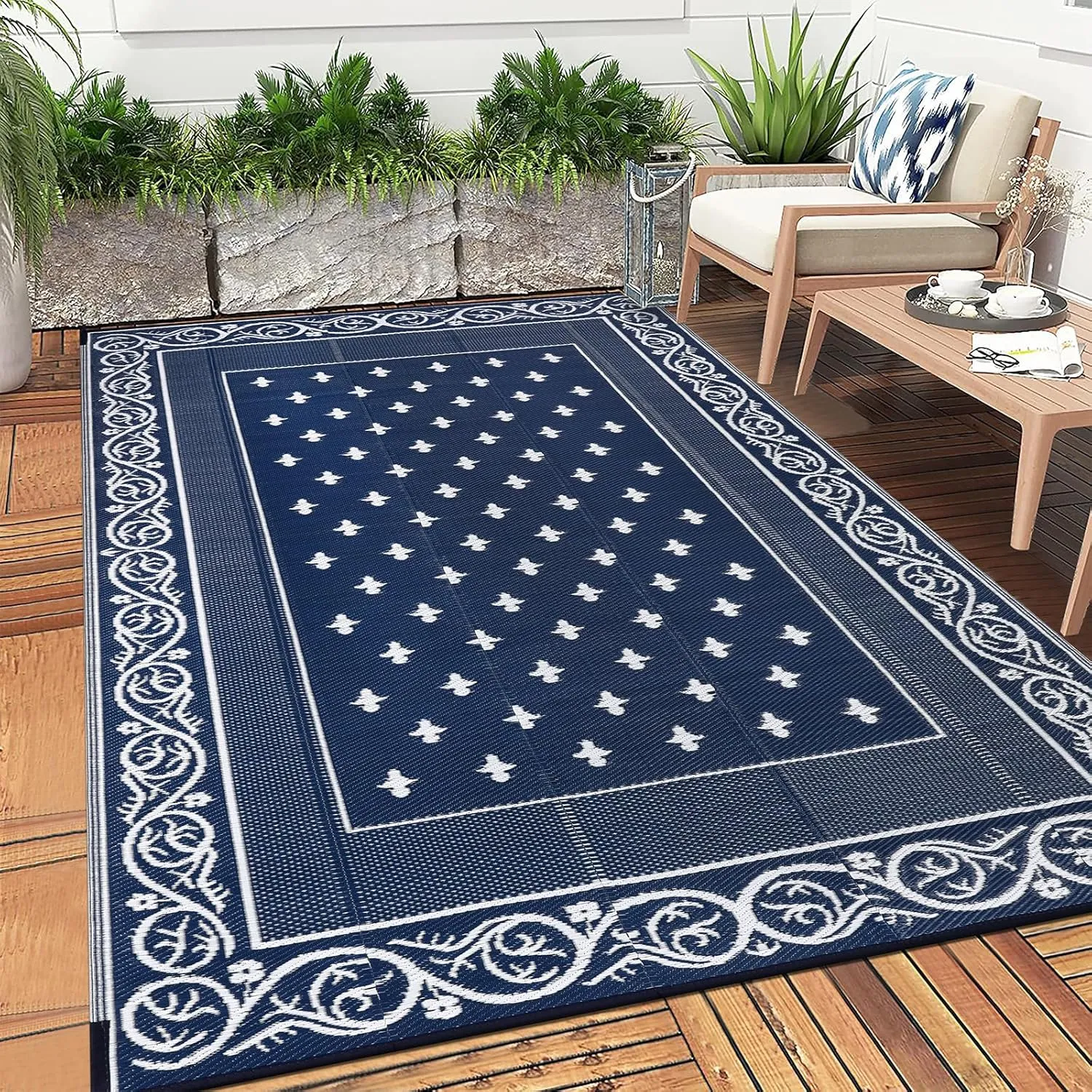 Pauwer Waterproof Outdoor Rug 6x9, Reversible Plastic Straw Patio Camping Rug, Indoor Outdoor RV Mat Carpet for Deck, Camper, Porch, Balcony, Backyard, Picnic, Bordered Navy