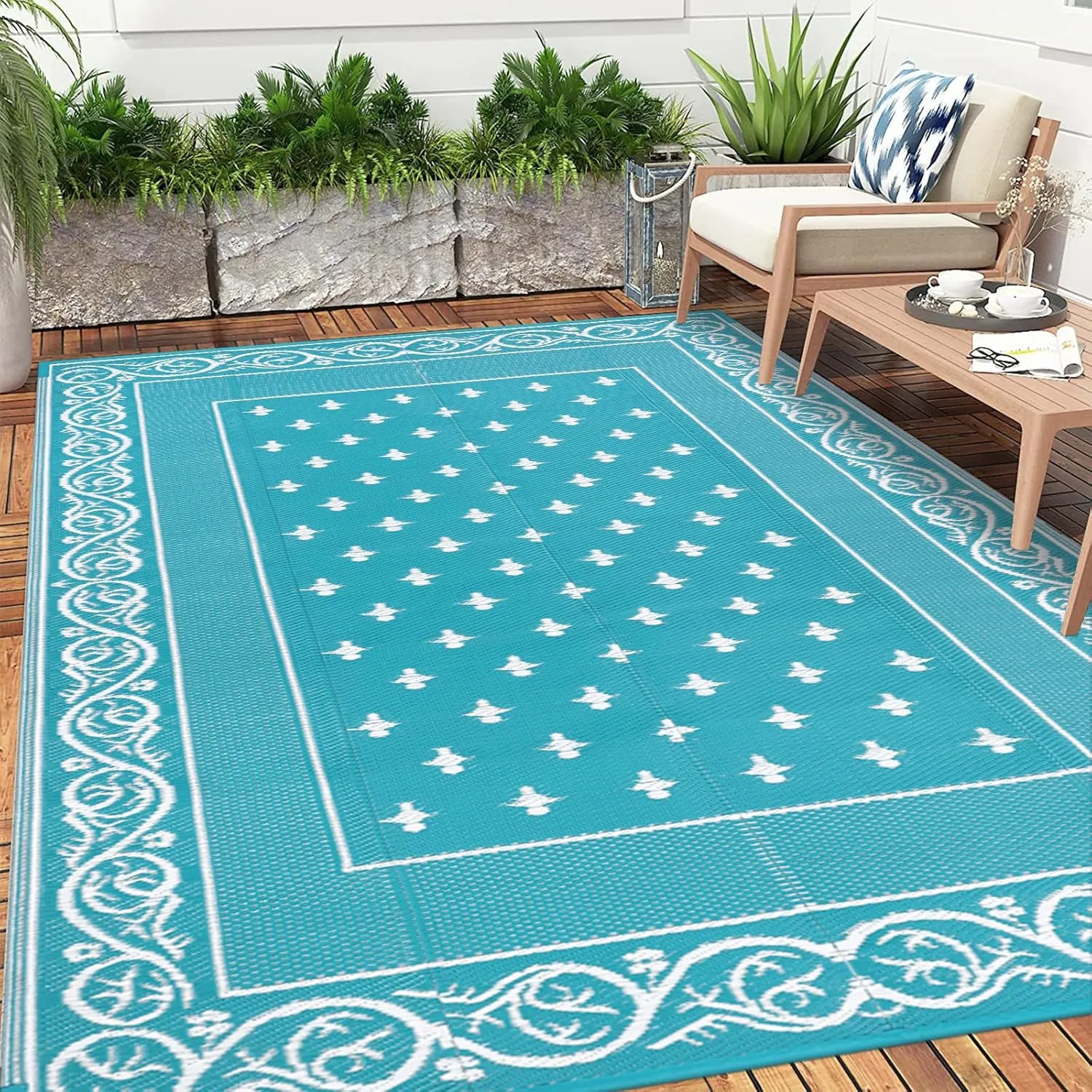 Pauwer Waterproof Outdoor Rug 6x9, Reversible Plastic Straw Patio Camping Rug, Indoor Outdoor RV Mat Carpet for Deck, Camper, Porch, Balcony, Backyard, Picnic, Bordered Teal