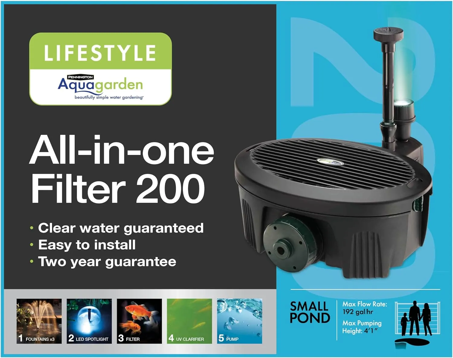 Pennington Aquagarden , Inpond 5 in 1, Pond & Water Pump, Filter, UV Clarifier, LED Spotlight and Fountain , All in One solution for a Clean, Clear and Beautiful pond , For Ponds up to 200 Gallons