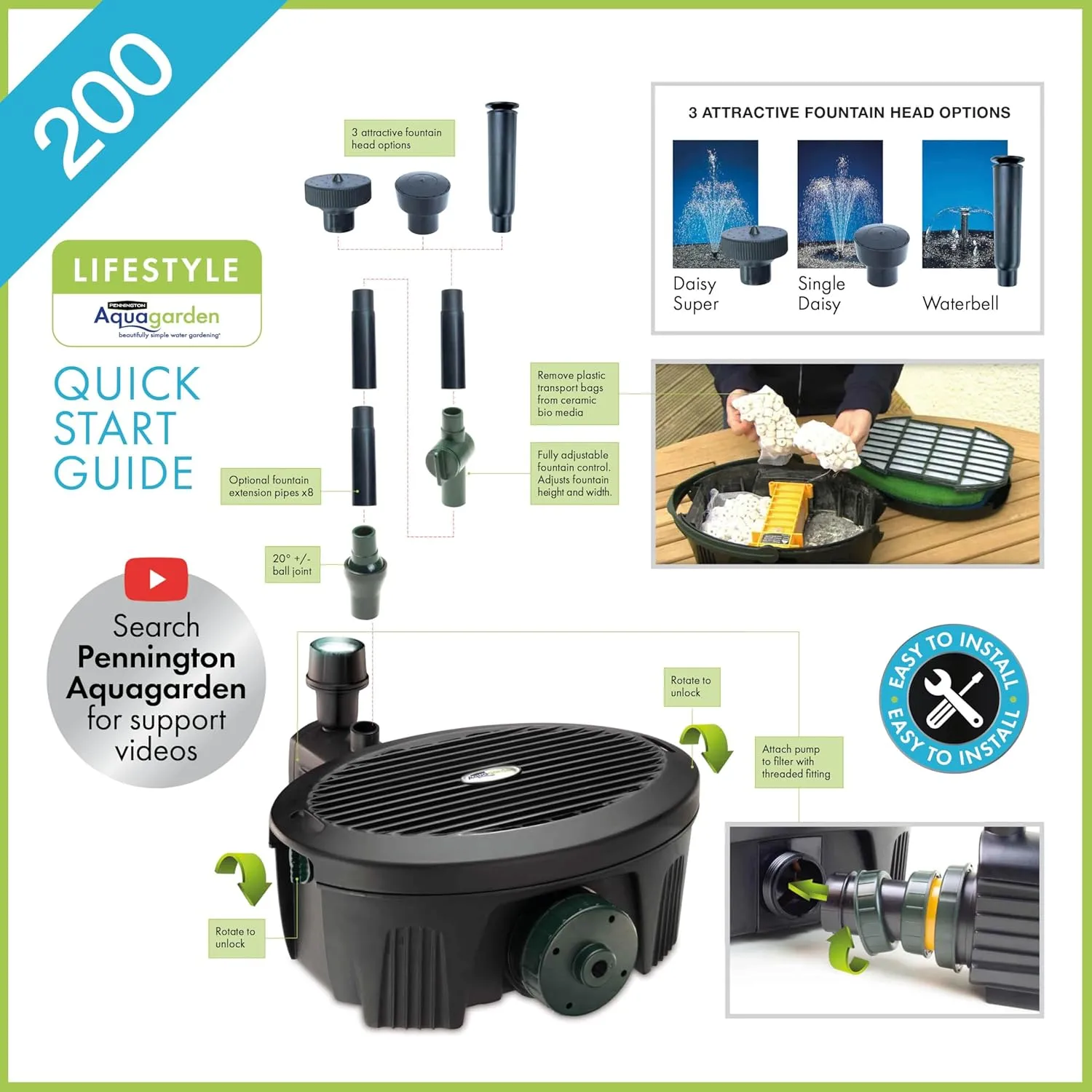 Pennington Aquagarden , Inpond 5 in 1, Pond & Water Pump, Filter, UV Clarifier, LED Spotlight and Fountain , All in One solution for a Clean, Clear and Beautiful pond , For Ponds up to 200 Gallons
