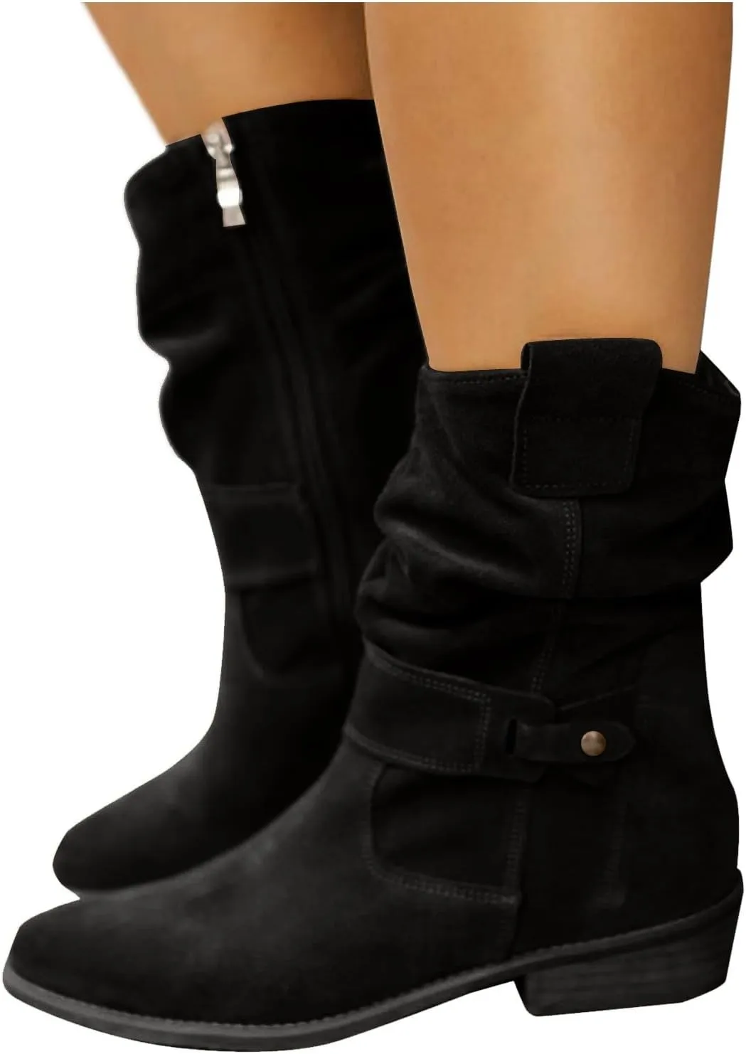 peqiut Womens Cowboy Boots Comfortable Chunky Heel Zipper Pointed Toe Ankle Boots for Women Ankle Casual Faux Leather Cowgirl Boots