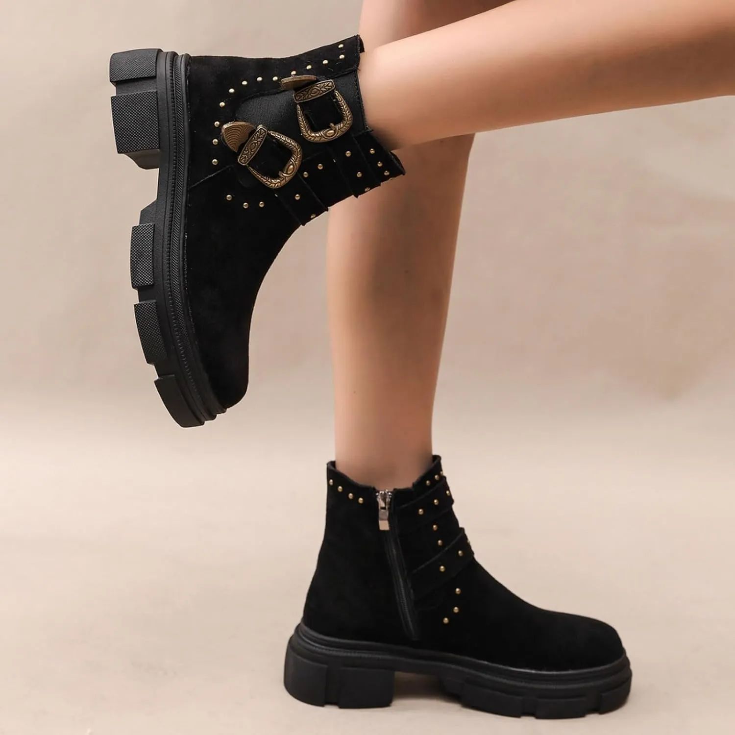 Platform Ankle Boots with Buckle Strap,Classic Chelsea Ankle Bootie Stretch Ankle Studded Rivet Buckle Strap Chunky Bottom Boots Round Toe Wide Width Faux Suede Winter Fall Flat Shoes