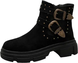 Platform Ankle Boots with Buckle Strap,Classic Chelsea Ankle Bootie Stretch Ankle Studded Rivet Buckle Strap Chunky Bottom Boots Round Toe Wide Width Faux Suede Winter Fall Flat Shoes