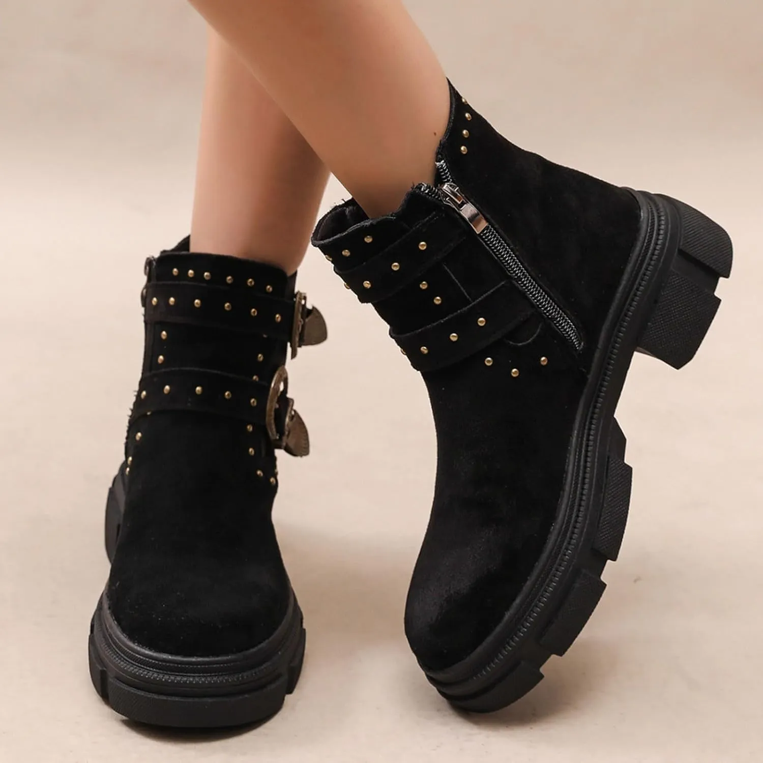Platform Ankle Boots with Buckle Strap,Classic Chelsea Ankle Bootie Stretch Ankle Studded Rivet Buckle Strap Chunky Bottom Boots Round Toe Wide Width Faux Suede Winter Fall Flat Shoes