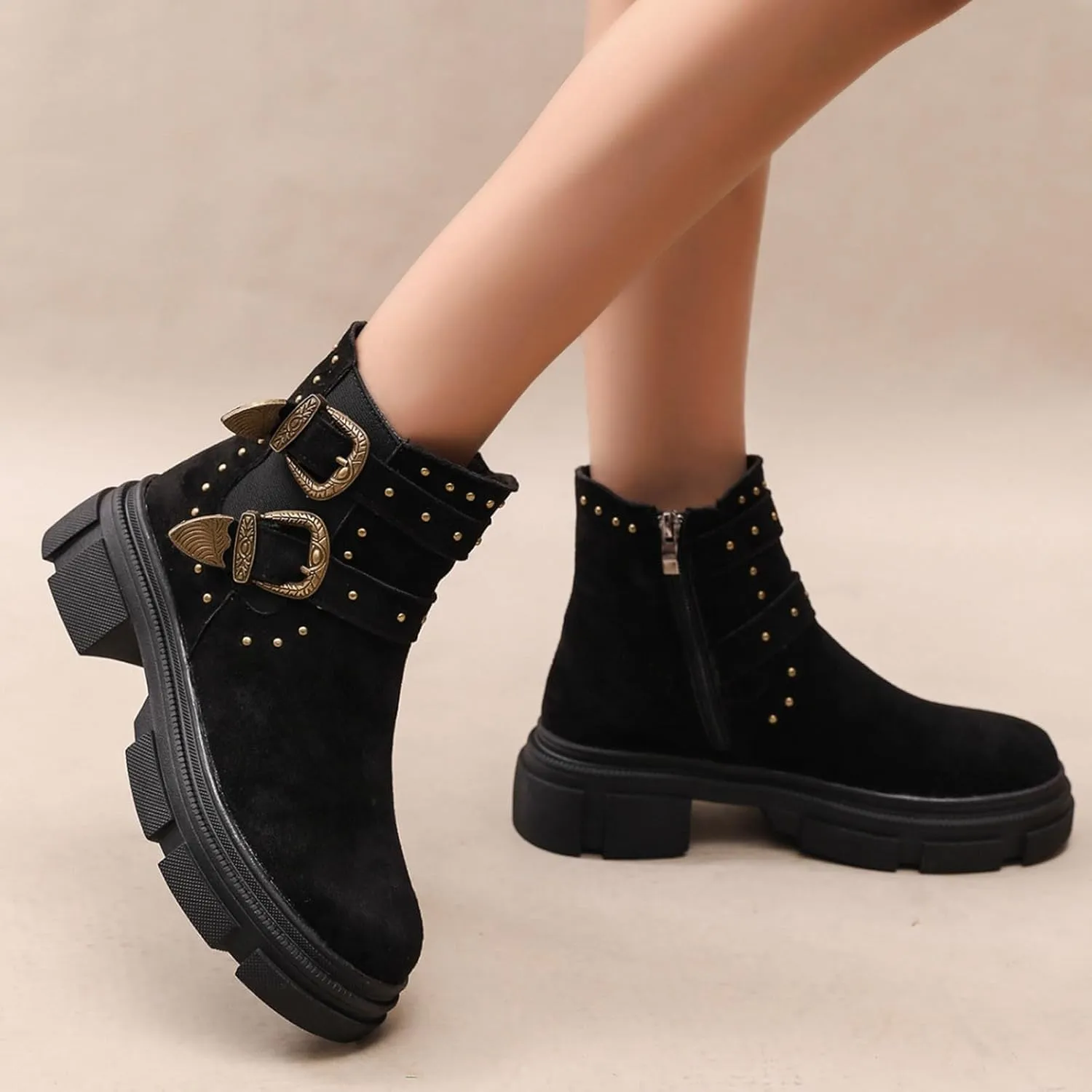 Platform Ankle Boots with Buckle Strap,Classic Chelsea Ankle Bootie Stretch Ankle Studded Rivet Buckle Strap Chunky Bottom Boots Round Toe Wide Width Faux Suede Winter Fall Flat Shoes
