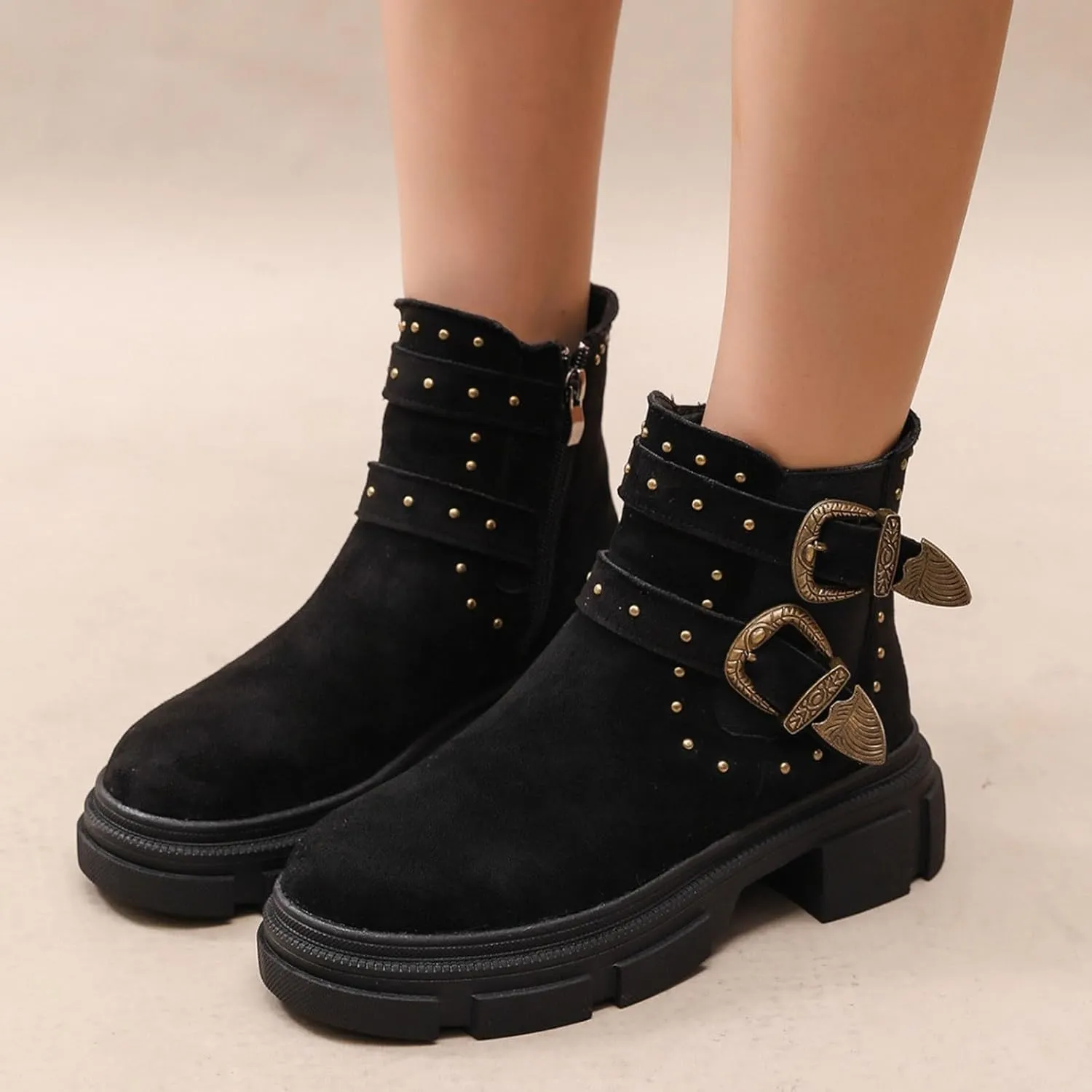 Platform Ankle Boots with Buckle Strap,Classic Chelsea Ankle Bootie Stretch Ankle Studded Rivet Buckle Strap Chunky Bottom Boots Round Toe Wide Width Faux Suede Winter Fall Flat Shoes