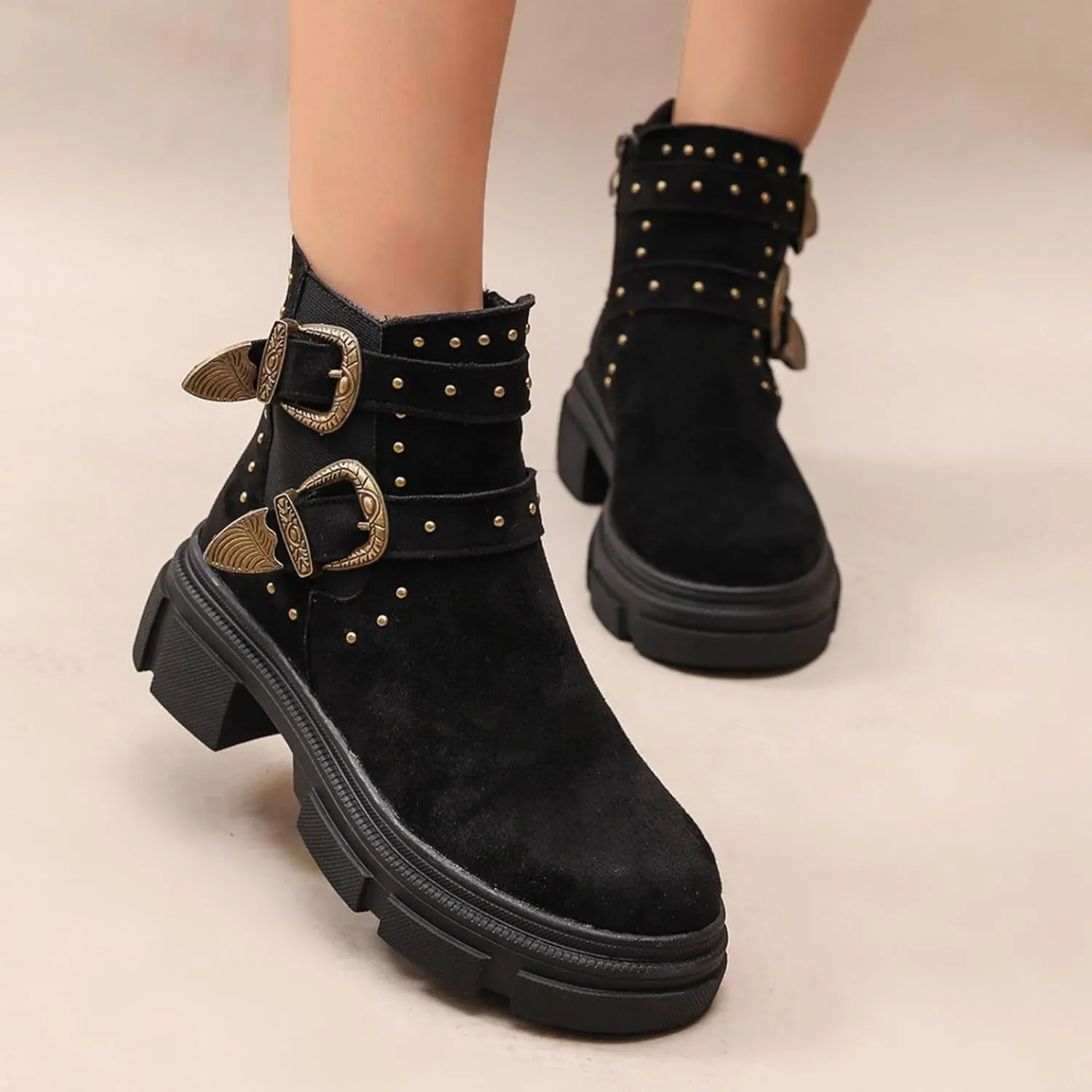 Platform Ankle Boots with Buckle Strap,Classic Chelsea Ankle Bootie Stretch Ankle Studded Rivet Buckle Strap Chunky Bottom Boots Round Toe Wide Width Faux Suede Winter Fall Flat Shoes