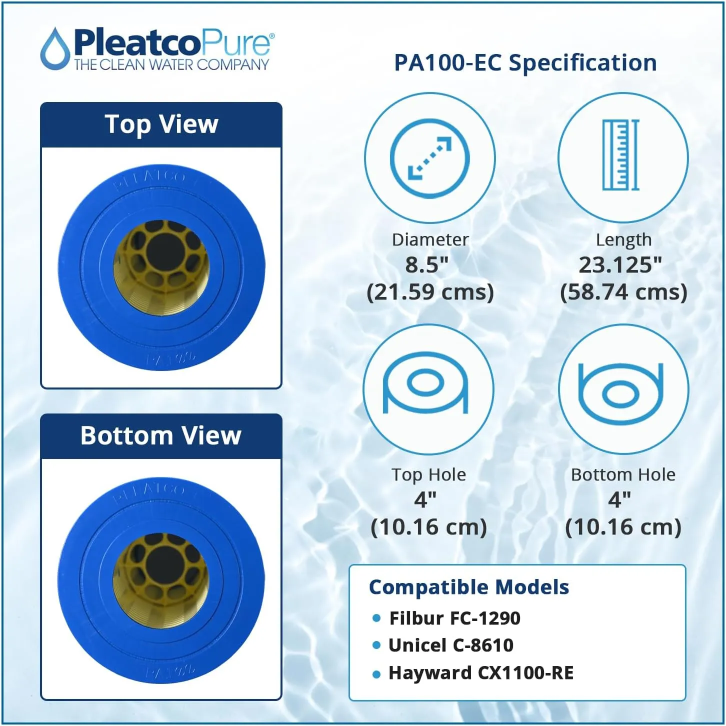Pleatco PA100-EC Pool Filter Cartridge Replacement for Unicel: C-8610, Filbur: FC-1290, OEM Part Numbers: CX1100-RE, White