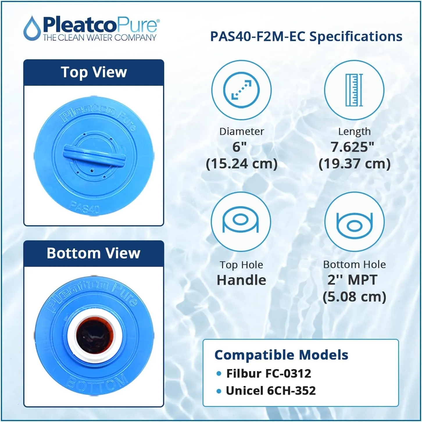 Pleatco PAS40-F2M-EC Spa Filter Cartridge Replacement for Unicel: 6CH-352, Filbur: FC-0312, White