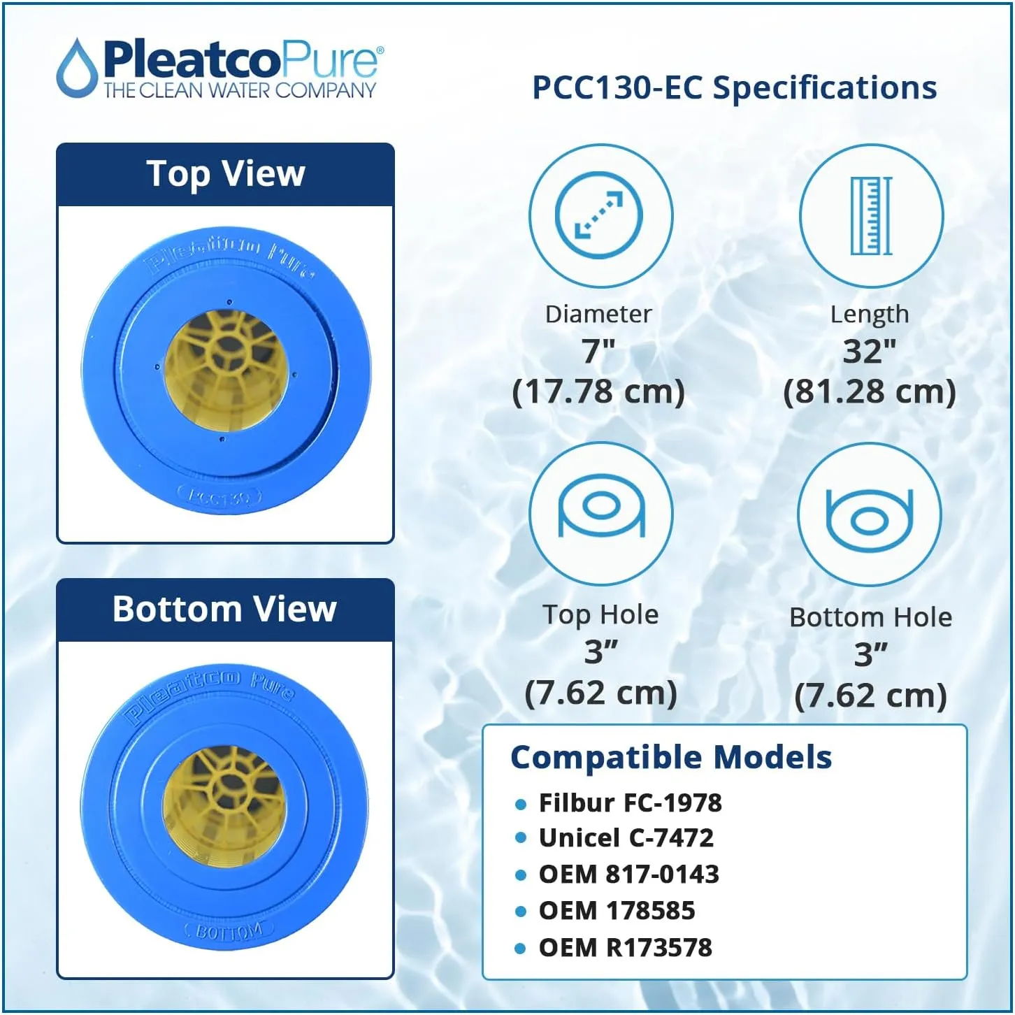 Pleatco PCC130-EC Pool Filter Cartridge Replacement for Unicel: C-7472, Filbur: FC-1978, OEM Part Numbers: 817-0143, 178585, R173578, White