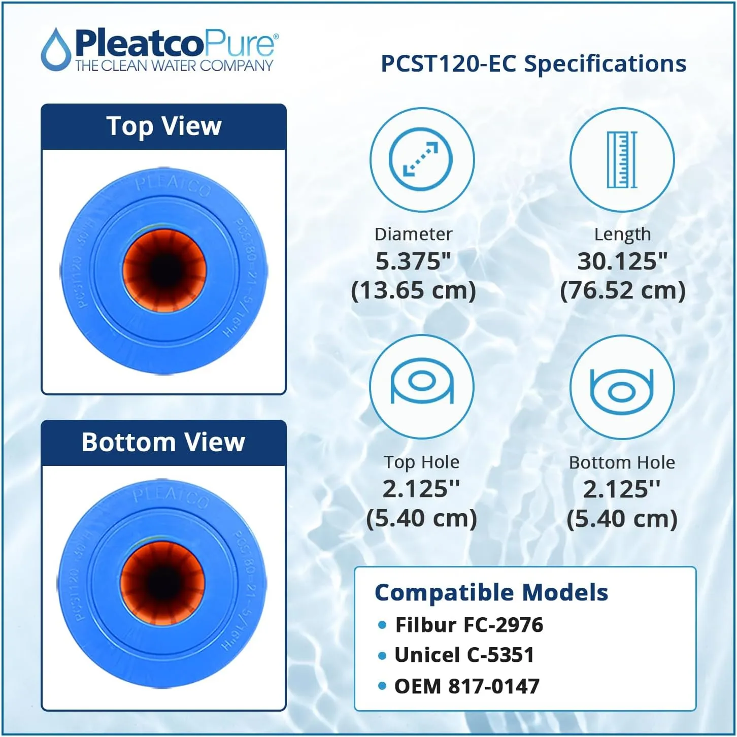 Pleatco PCST120-EC Spa Filter Cartridge Replacement for Unicel: C-5351, Filbur: FC-2976, OEM Part Numbers: 817-0147, White