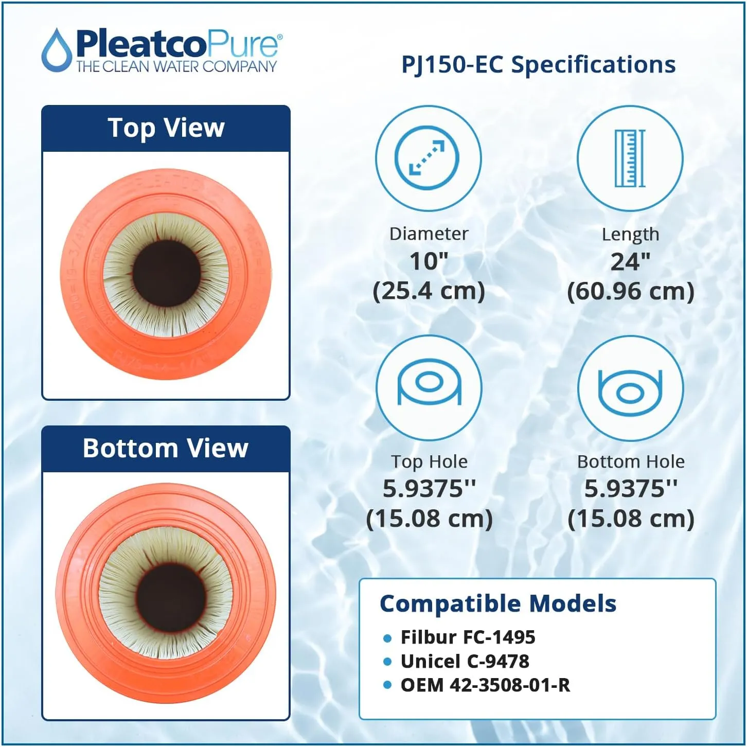 Pleatco PJ150-EC Pool Filter Cartridge Replacement for Unicel: C-9478, Filbur: FC-1495, OEM Part Numbers: 42-3508-01-R, White