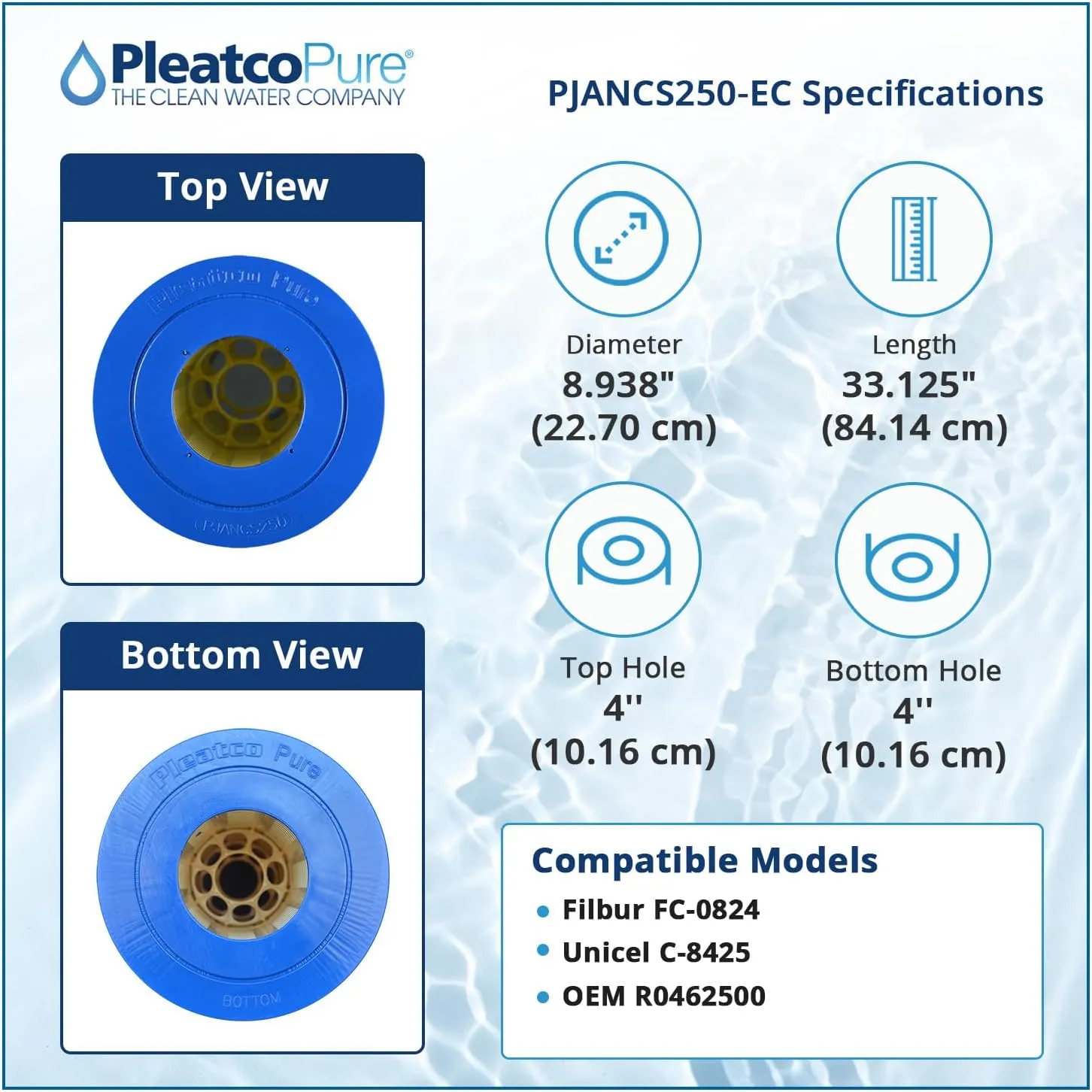 Pleatco PJANCS250-EC Pool Filter Cartridge Replacement for Unicel: C-8425, Filbur: FC-0824, OEM Part Numbers: R0462500, White