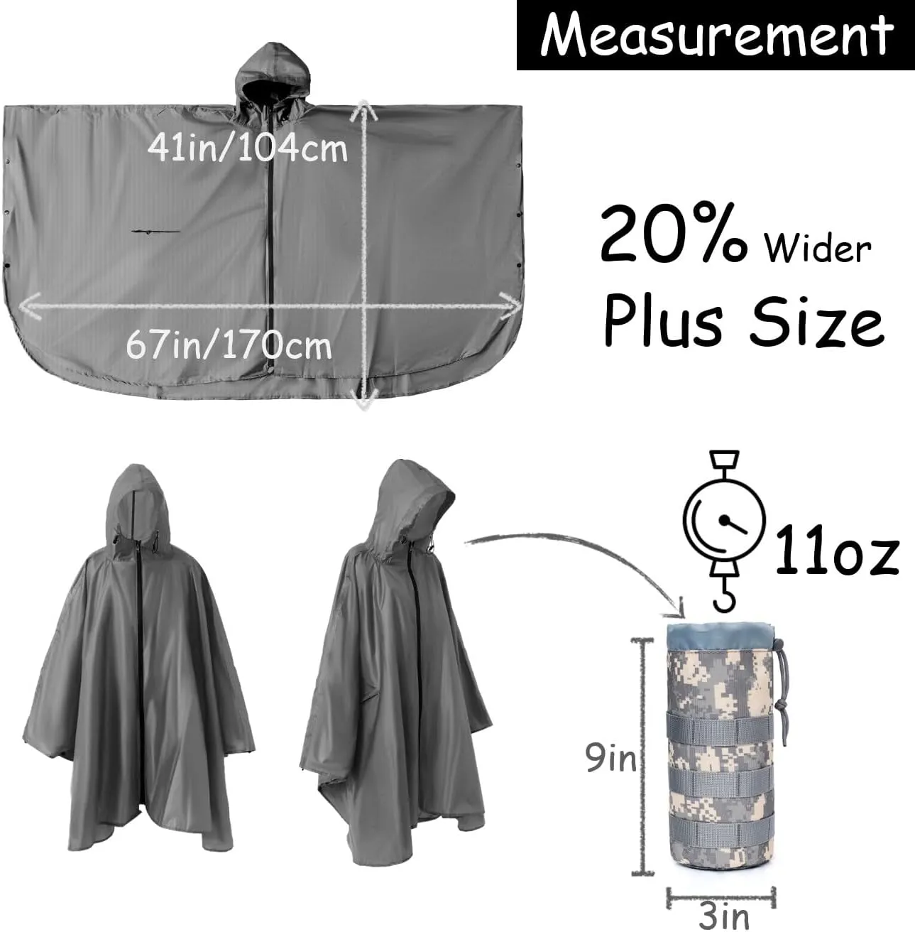 Plus Size Adult Rain Poncho with Hood and Zipper, Poncho Para Lluvia, Tactical Ponchos Adult For Camping, Hiking