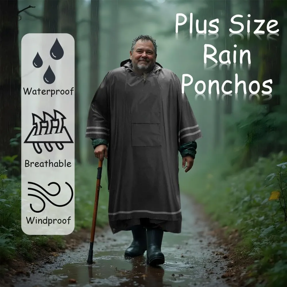 Plus Size Rain Poncho with Hood and Reflective Stripes, Big and Tall Rain Poncho, Ideal as Rain Ponchos for Adults