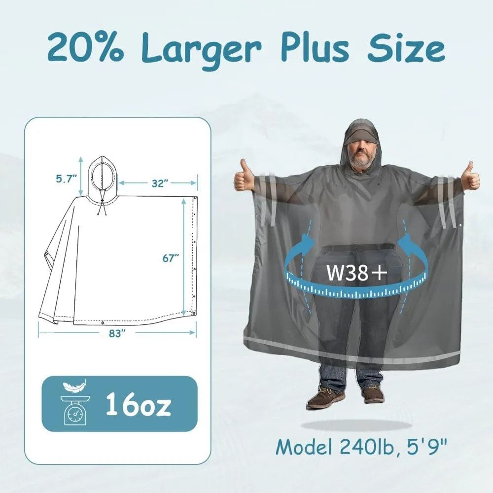 Plus Size Rain Poncho with Hood and Reflective Stripes, Big and Tall Rain Poncho, Ideal as Rain Ponchos for Adults