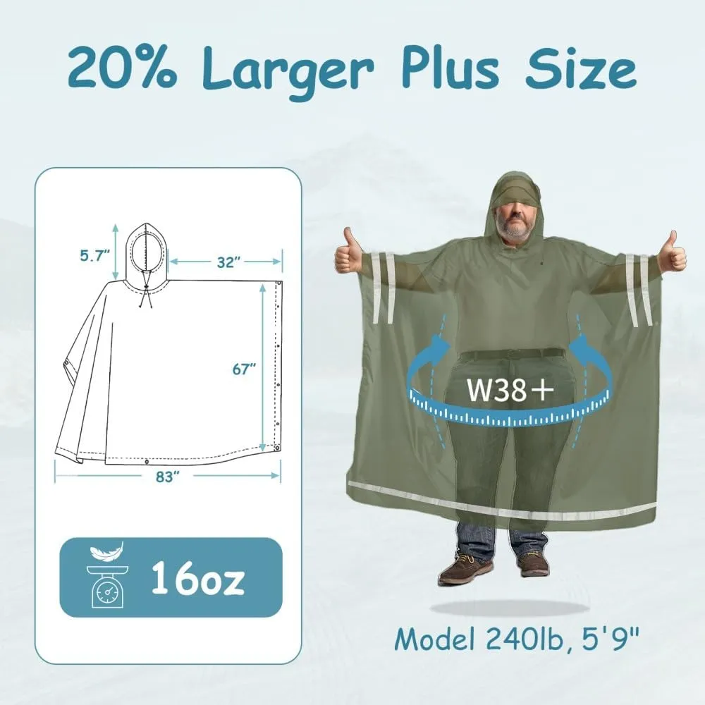Plus Size Rain Poncho with Hood and Reflective Stripes, Big and Tall Rain Poncho, Ideal as Rain Ponchos for Adults