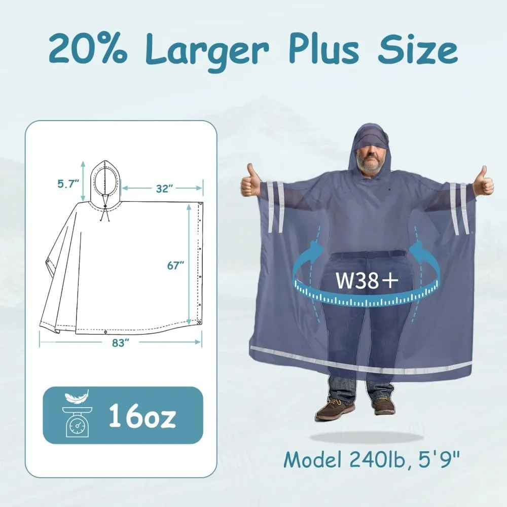 Plus Size Rain Poncho with Hood and Reflective Stripes, Big and Tall Rain Poncho, Ideal as Rain Ponchos for Adults