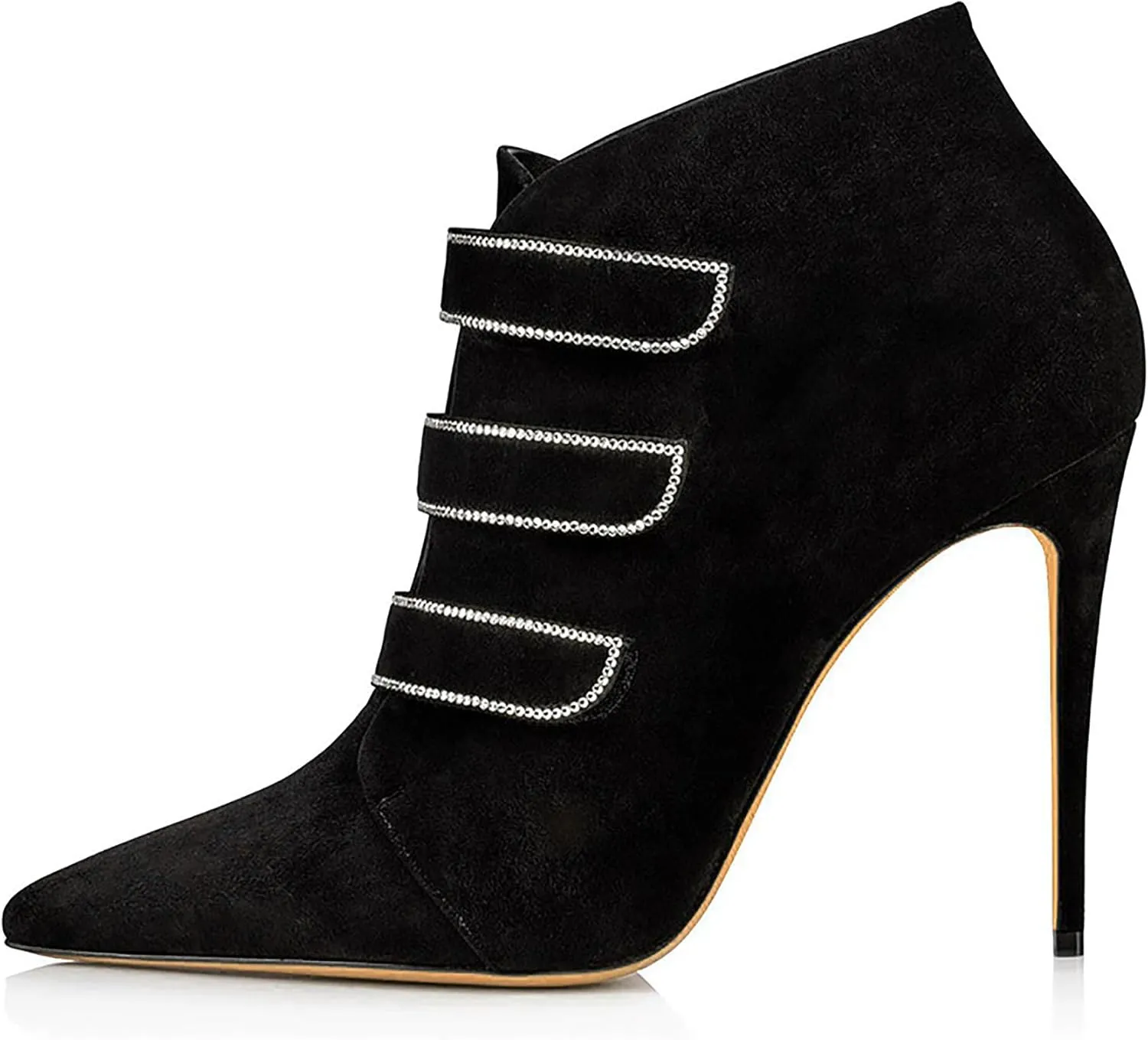 Pointed Toe Ankle Boots for Women, Sexy Stiletto Heels Dressy Booties Fashion Party Suede Solid Color Shoes Classic Pull-on Rhinestones Short Booties