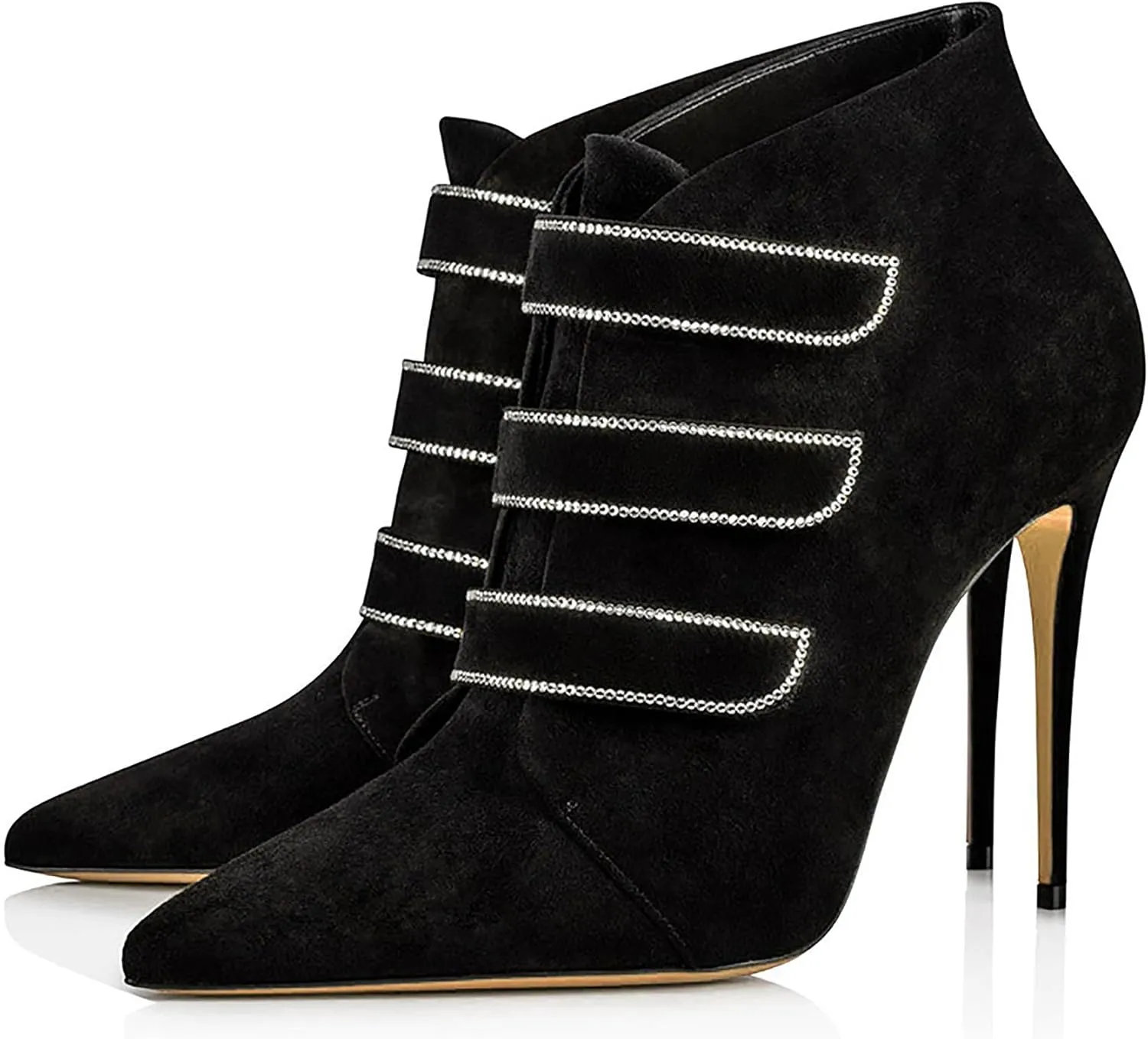 Pointed Toe Ankle Boots for Women, Sexy Stiletto Heels Dressy Booties Fashion Party Suede Solid Color Shoes Classic Pull-on Rhinestones Short Booties