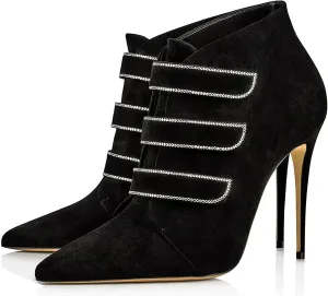 Pointed Toe Ankle Boots for Women, Sexy Stiletto Heels Dressy Booties Fashion Party Suede Solid Color Shoes Classic Pull-on Rhinestones Short Booties