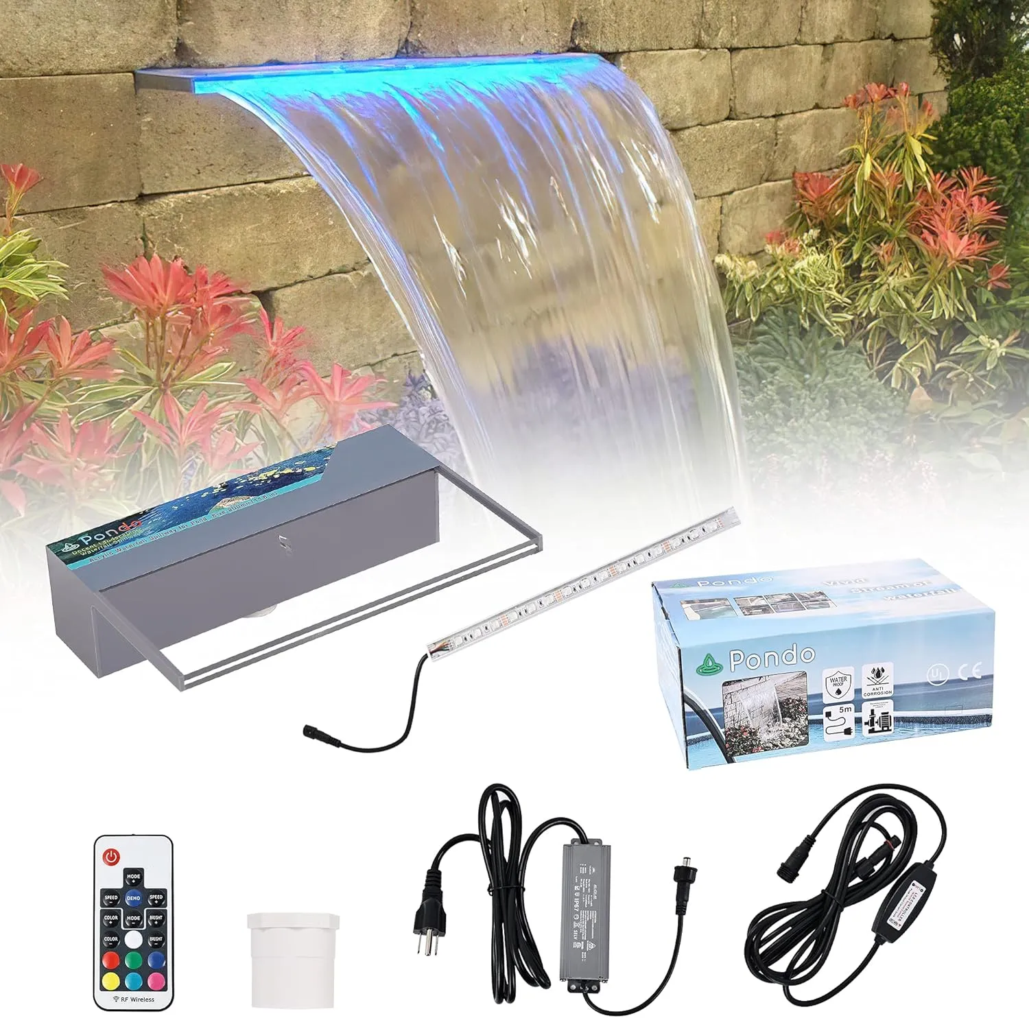 PONDO Lighted Waterfall Pool Fountain 12'' w/LED 7 Color Changing and Remote, Acrylic Waterfall Spillway for Sheer Descent Garden Outdoor