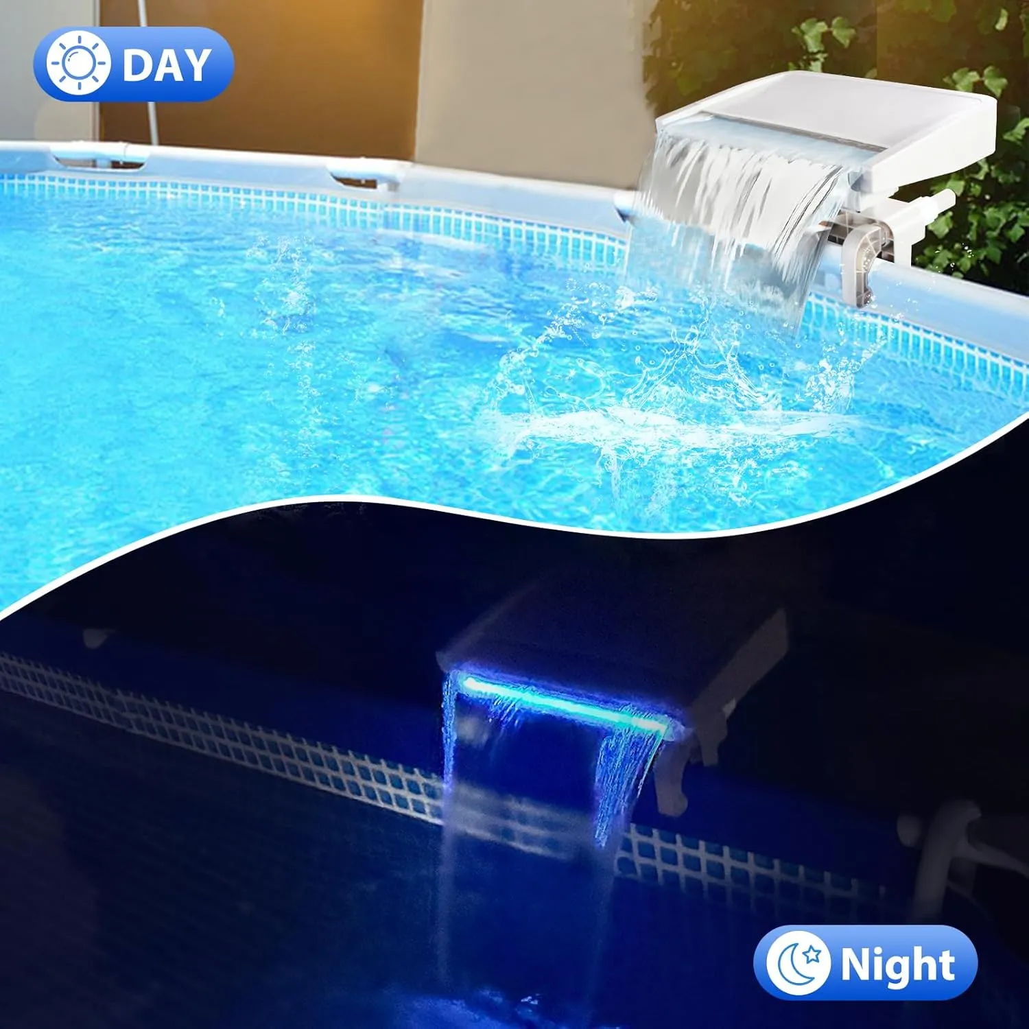 Pool Fountain with 7-Color LED Lights, Swimming Pool Waterfall Fountain for Above Ground Pools, Smooth Flowing Pool Waterfall with Light for Relaxation, Fits 1.2" to 4.7" Above-Ground Pool Frames