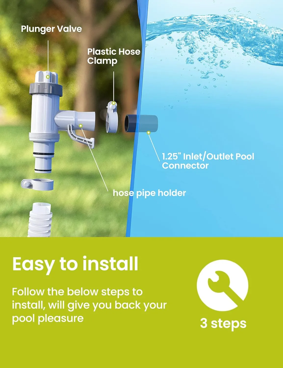 Pool Hose Adapter for Above Ground Swimming Pool, Pool Replacement Parts with Plunger Valve and Pool Pipe Holder Compatible with Intex/Bestway/Stock Tank Pool, Pool Pump Parts