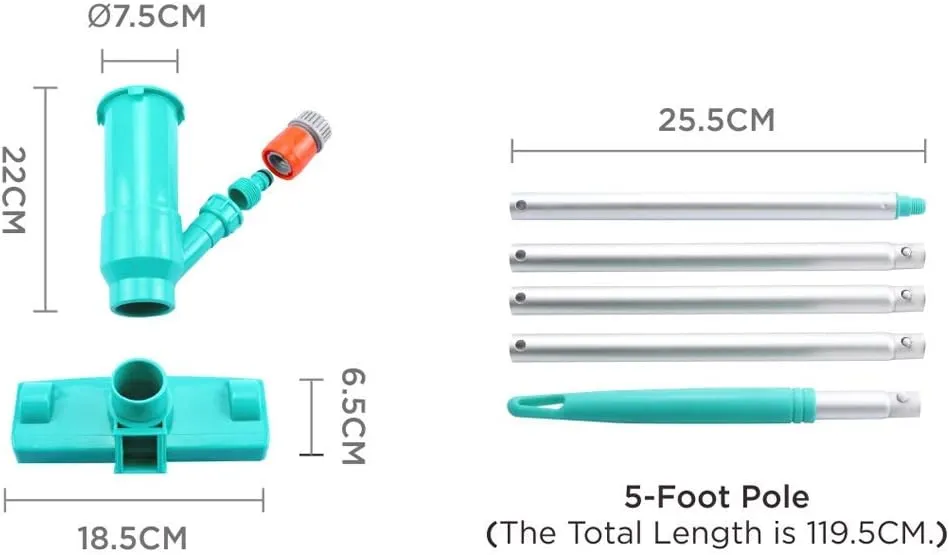 POOLWHALE Portable Pool Vacuum Jet Underwater Cleaner W/Brush,Bag,6 Section Pole of 56.5"(No Garden Hose Included),for Above Ground Pool,Spas,Ponds & Fountains