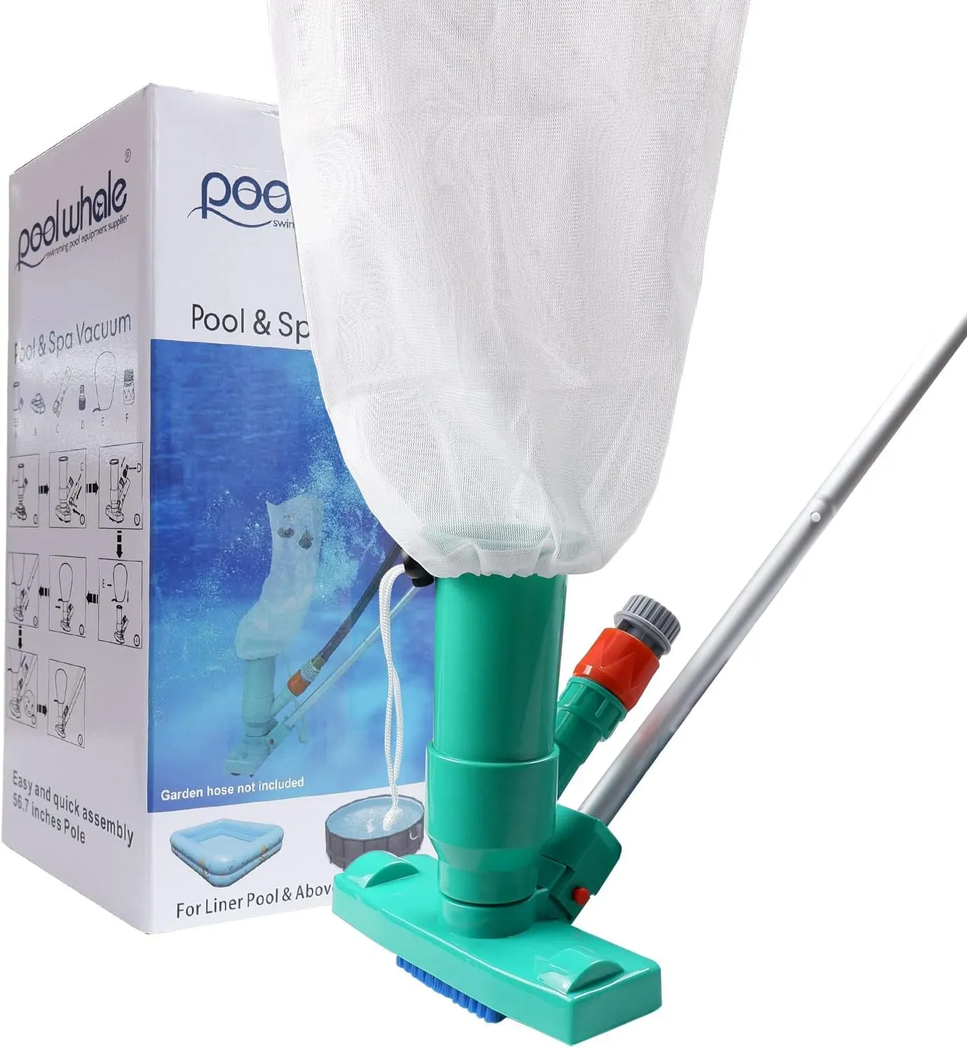 POOLWHALE Portable Pool Vacuum Jet Underwater Cleaner W/Brush,Bag,6 Section Pole of 56.5"(No Garden Hose Included),for Above Ground Pool,Spas,Ponds & Fountains