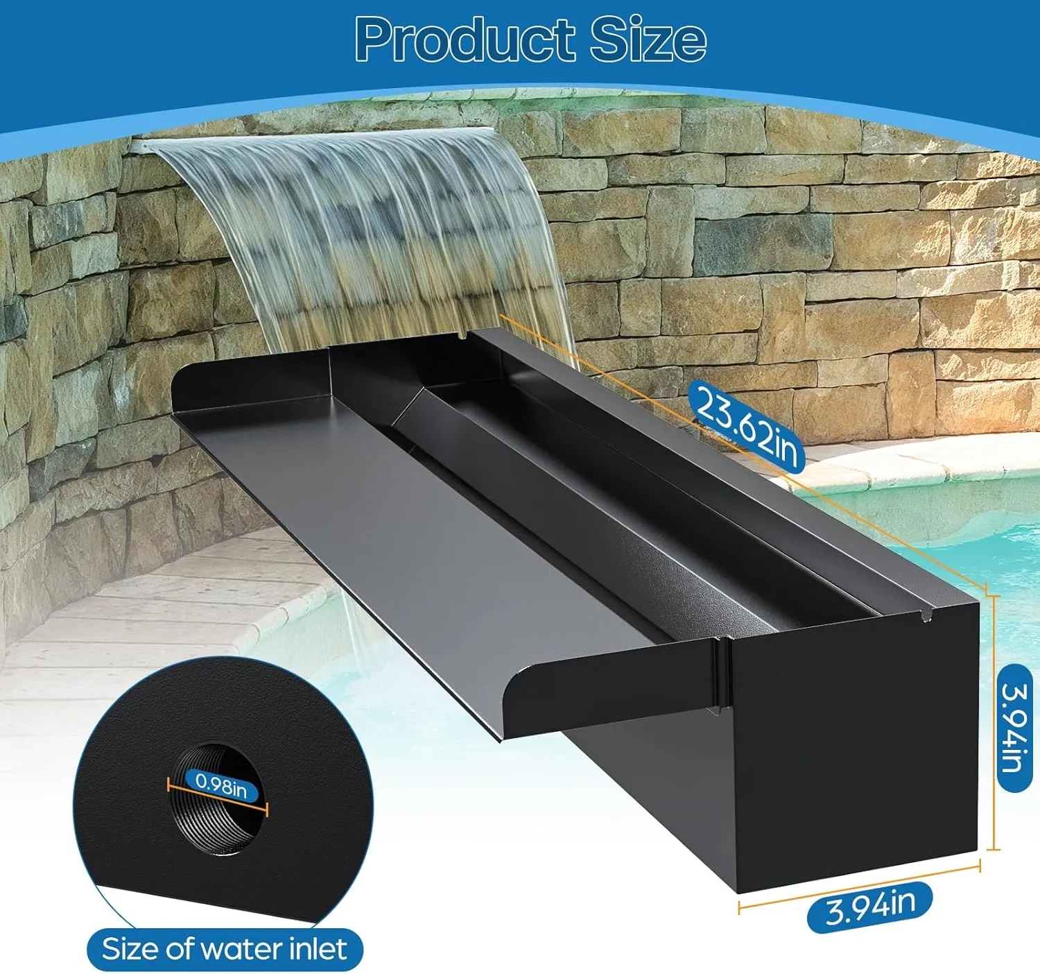 POPOSOAP 24 Inch Pond Waterfall Spillway with 1200GPH Pump, 304 Stainless Steel Waterfall Kit with 9.8FT Corrugated Tube, Pond Waterfall Box for Outdoor Pond Waterfall System Garden Decor